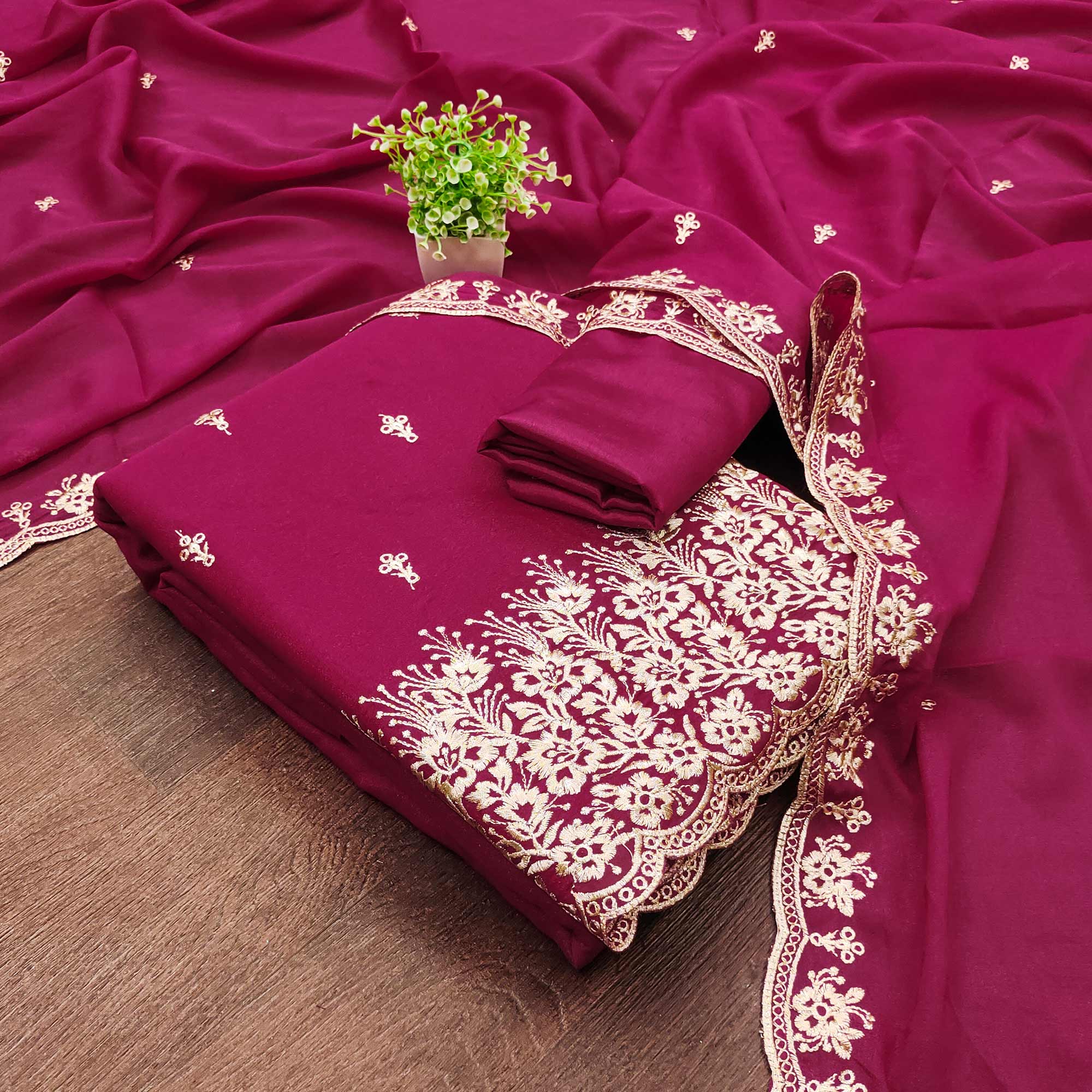 Rani Pink Georgette Dress Material With Delicate Floral Zari Embroidery