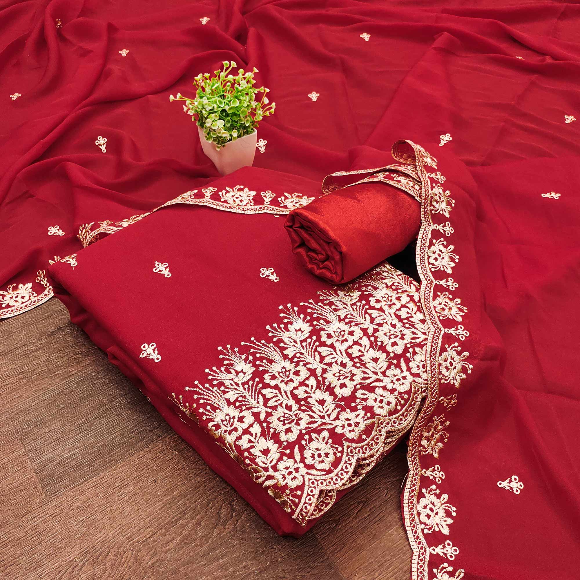Red Georgette Dress Material With Delicate Floral Zari Embroidery