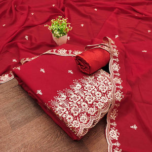 Red Georgette Dress Material With Delicate Floral Zari Embroidery