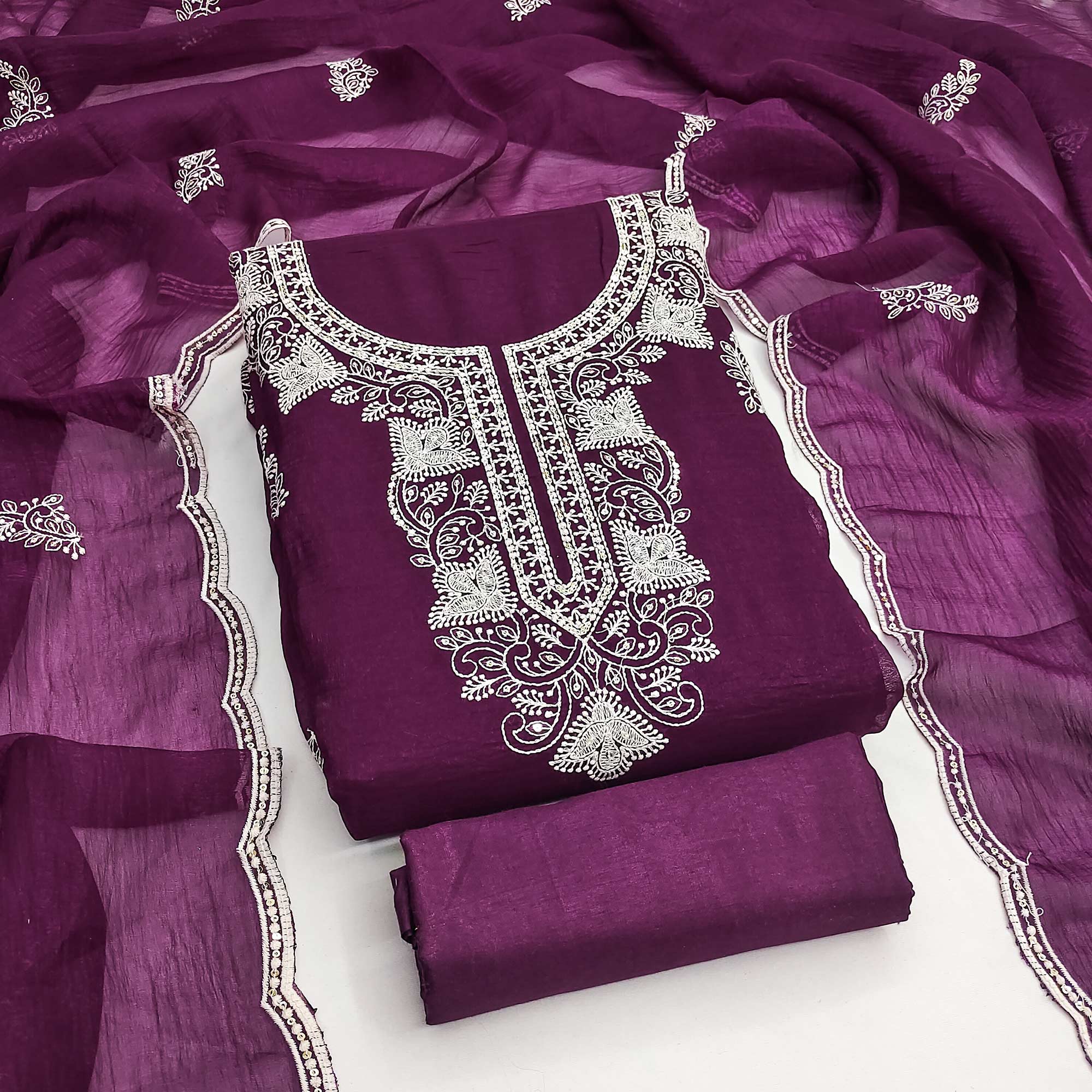 Wine Dress Material With Threaded Floral Embroidery & Sequins on Crunchy Silk Georgette