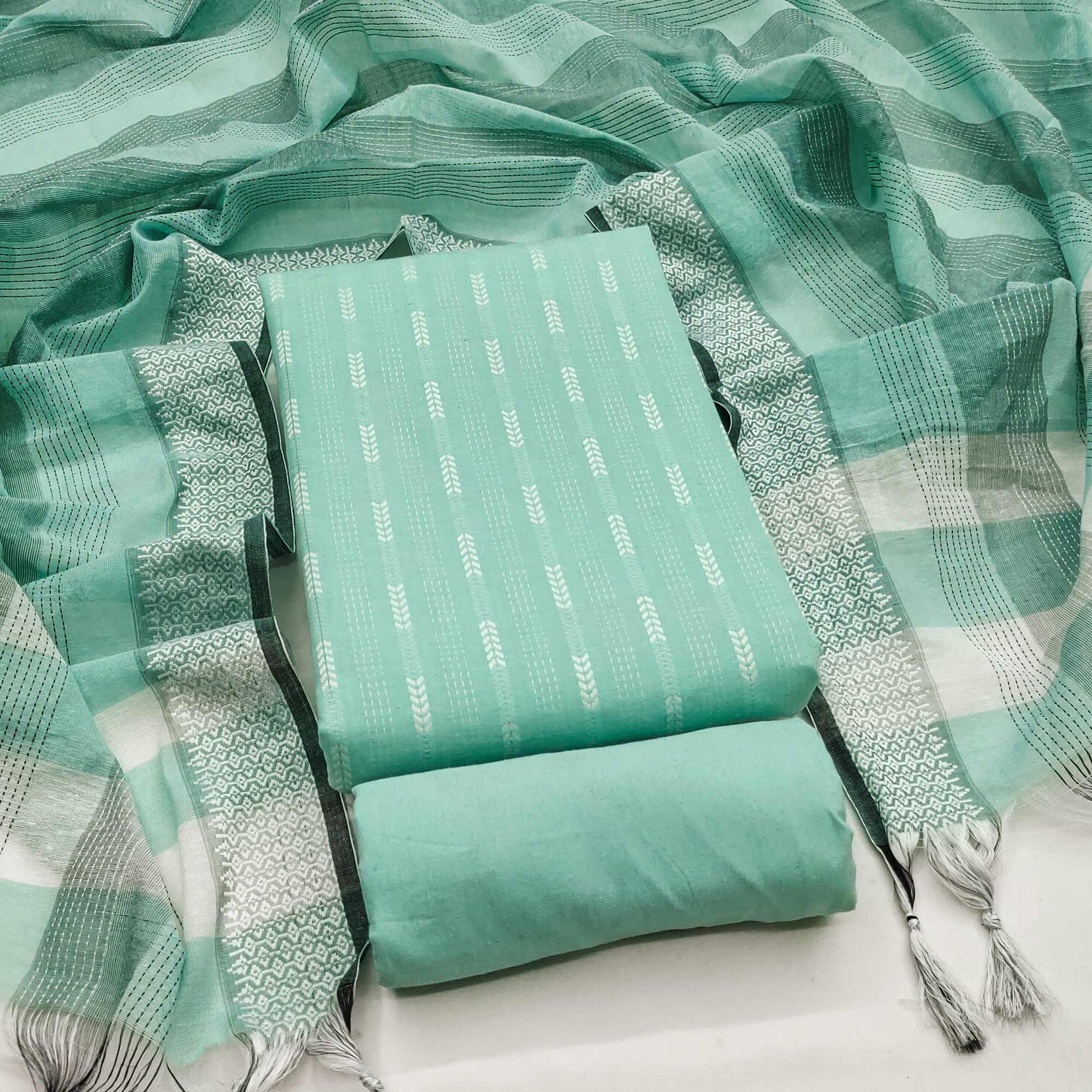 Refreshing Turquoise Woven Texture Dress Material In Poly Cotton Blend