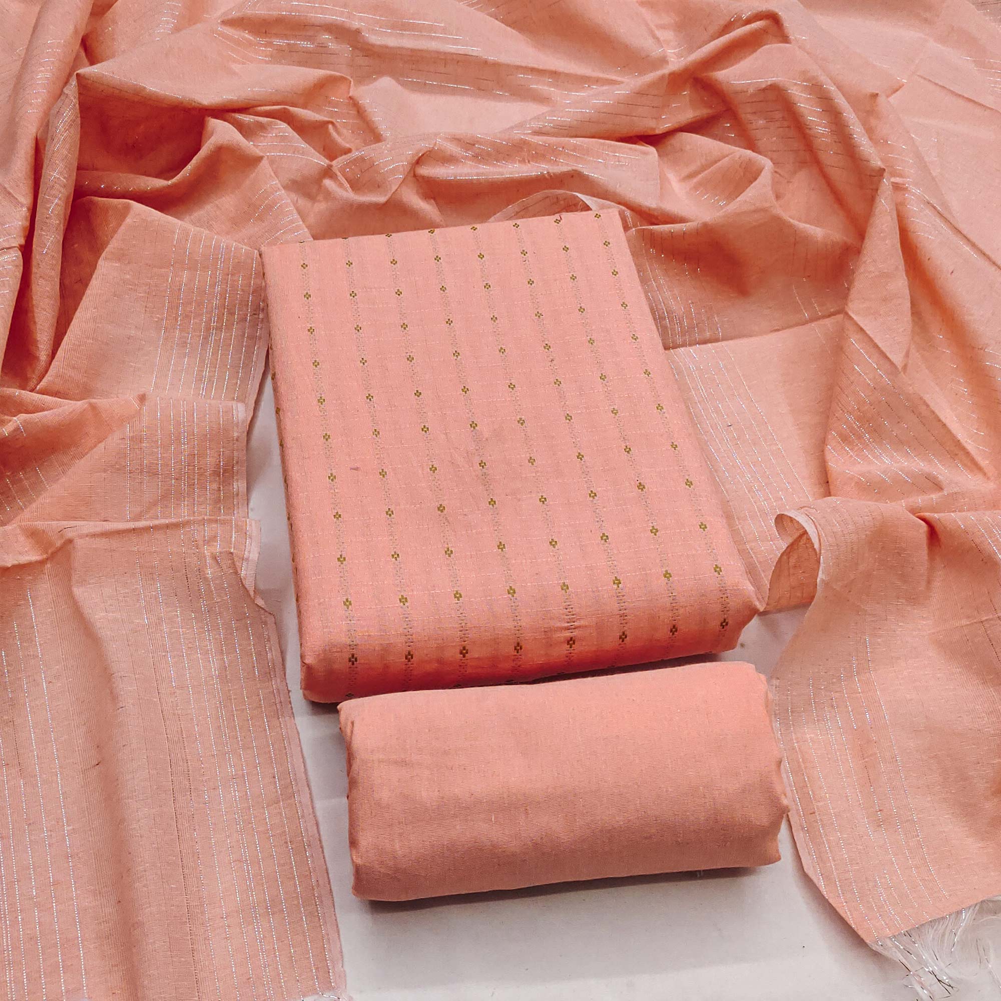 Vibrant Peach Woven Poly Cotton Blend Dress Material