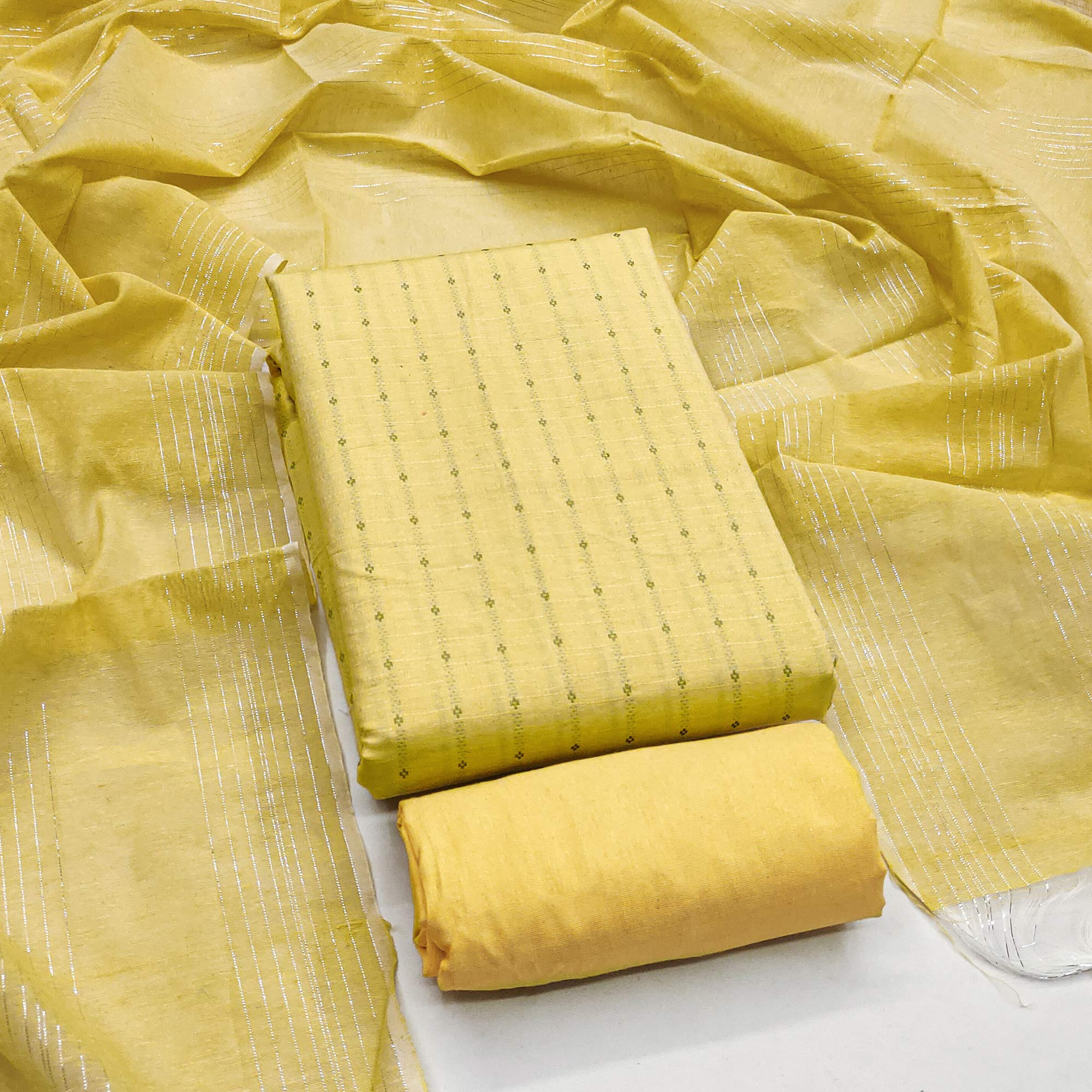 Elegant Yellow Woven Poly Cotton Blend Dress Material