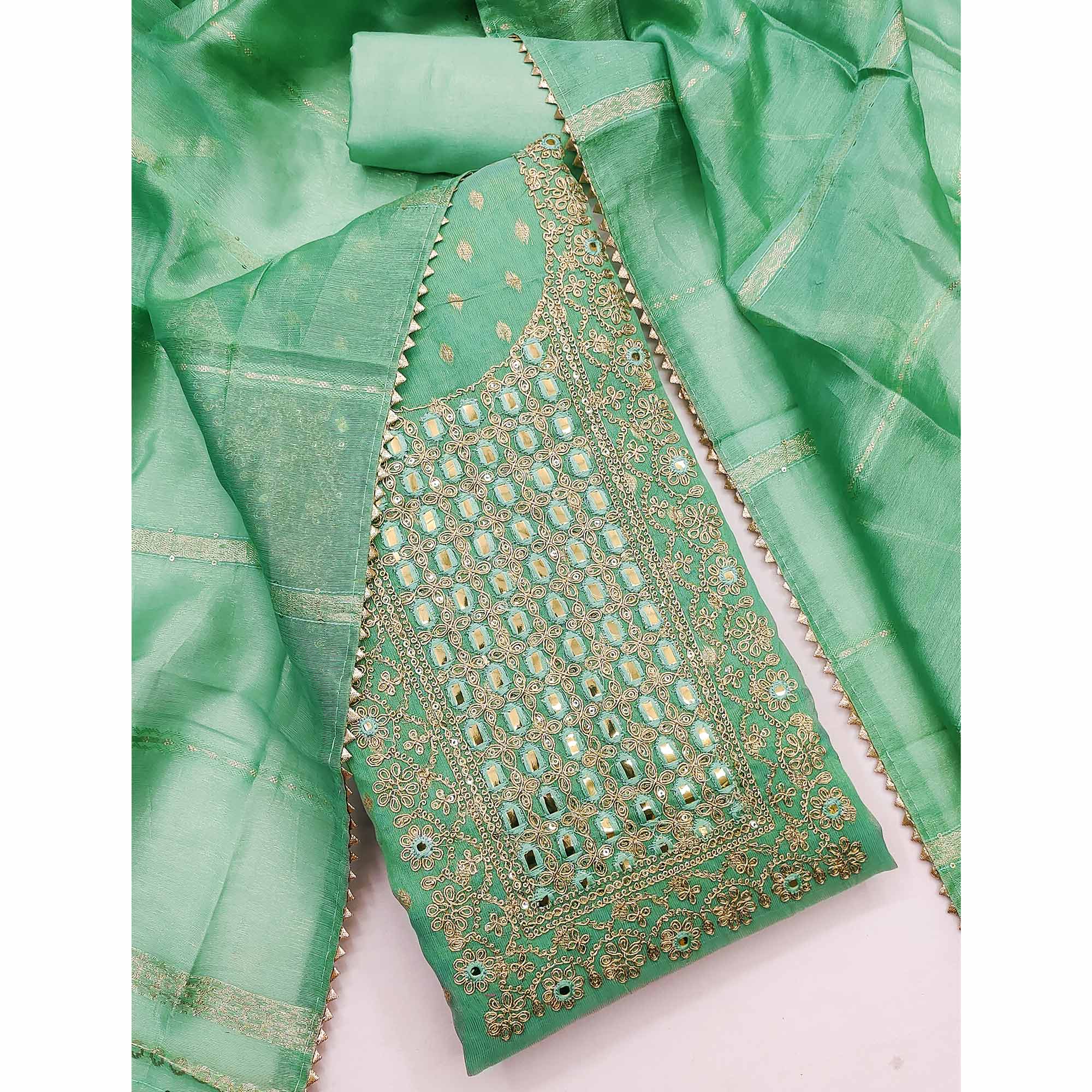 Green Weaving Dress Material In Shimmer Silk With Detailed Cording & Sequin Embroidery Work