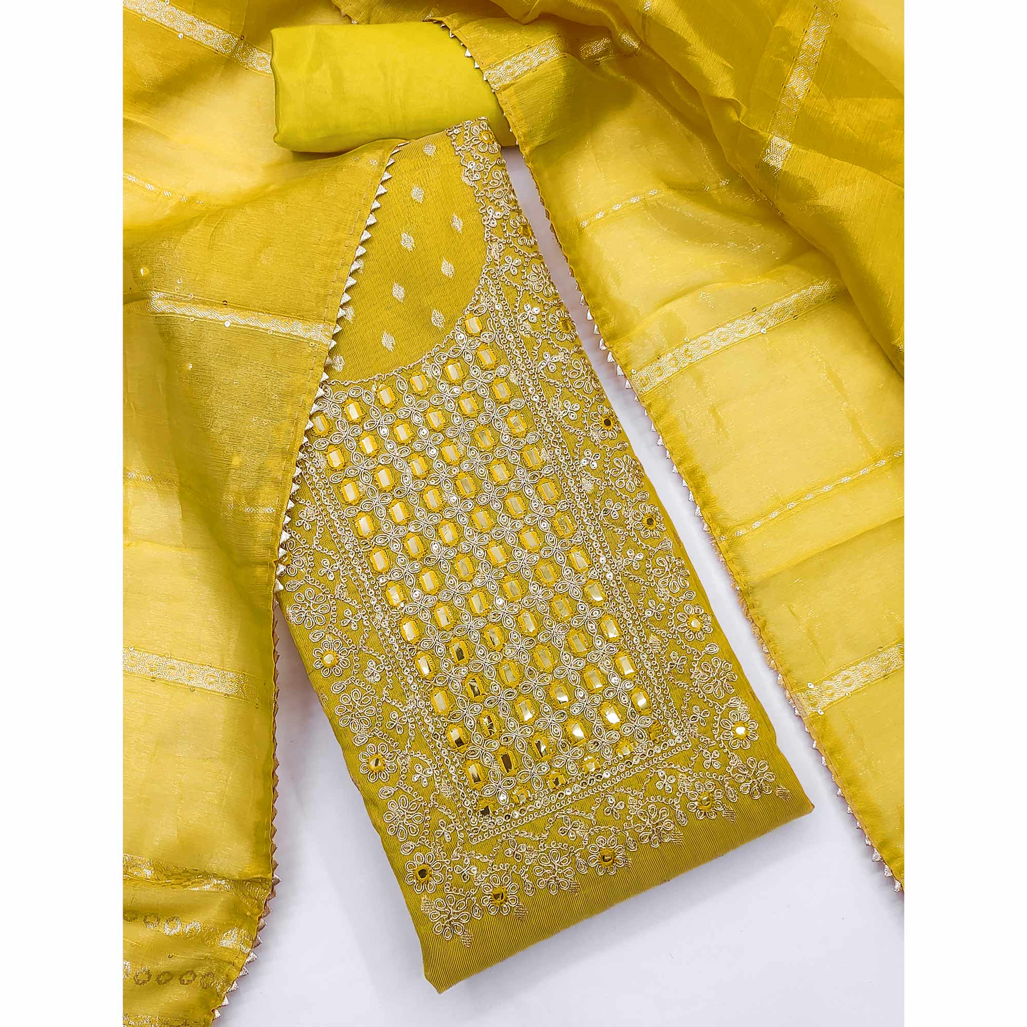 Yellow Weaving Dress Material In Shimmer Silk With Detailed Cording & Sequin Embroidery Work
