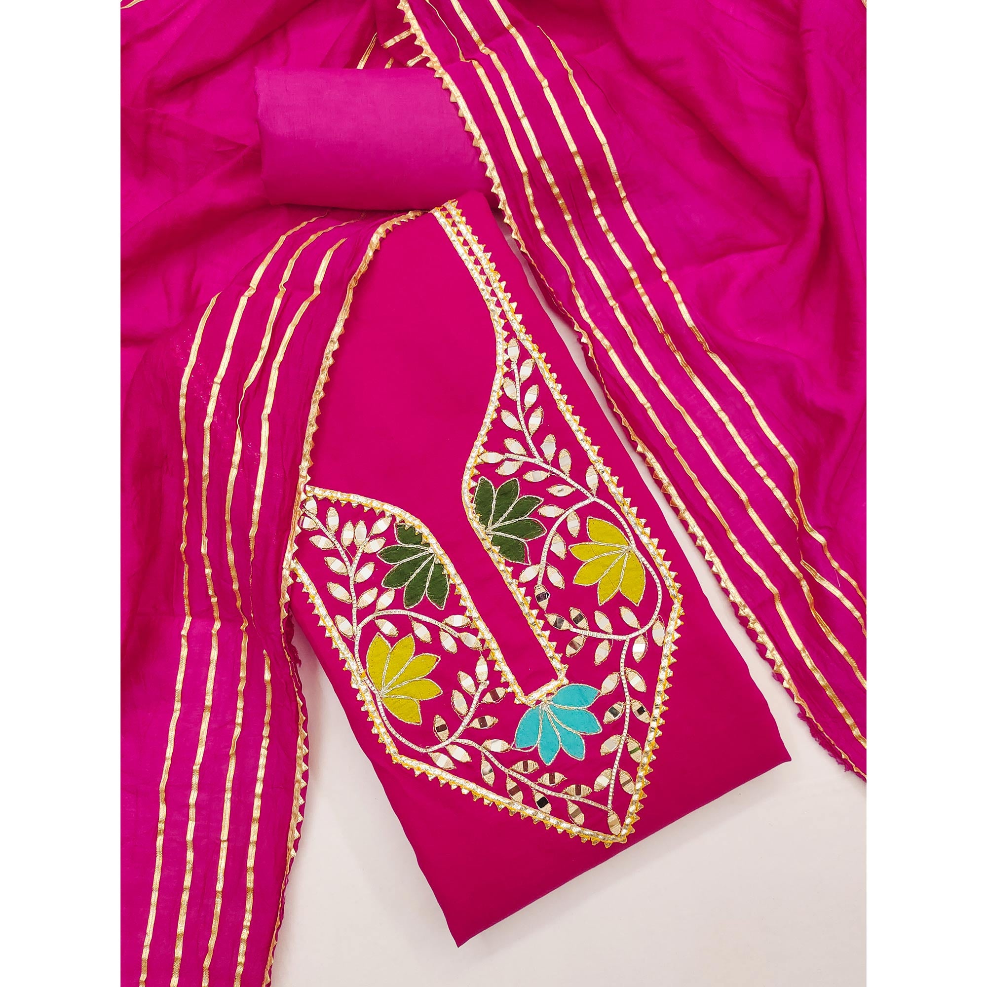 Pink Floral Embroidery Chanderi Cotton Dress Material Embellished With Mirror & Gota Patti
