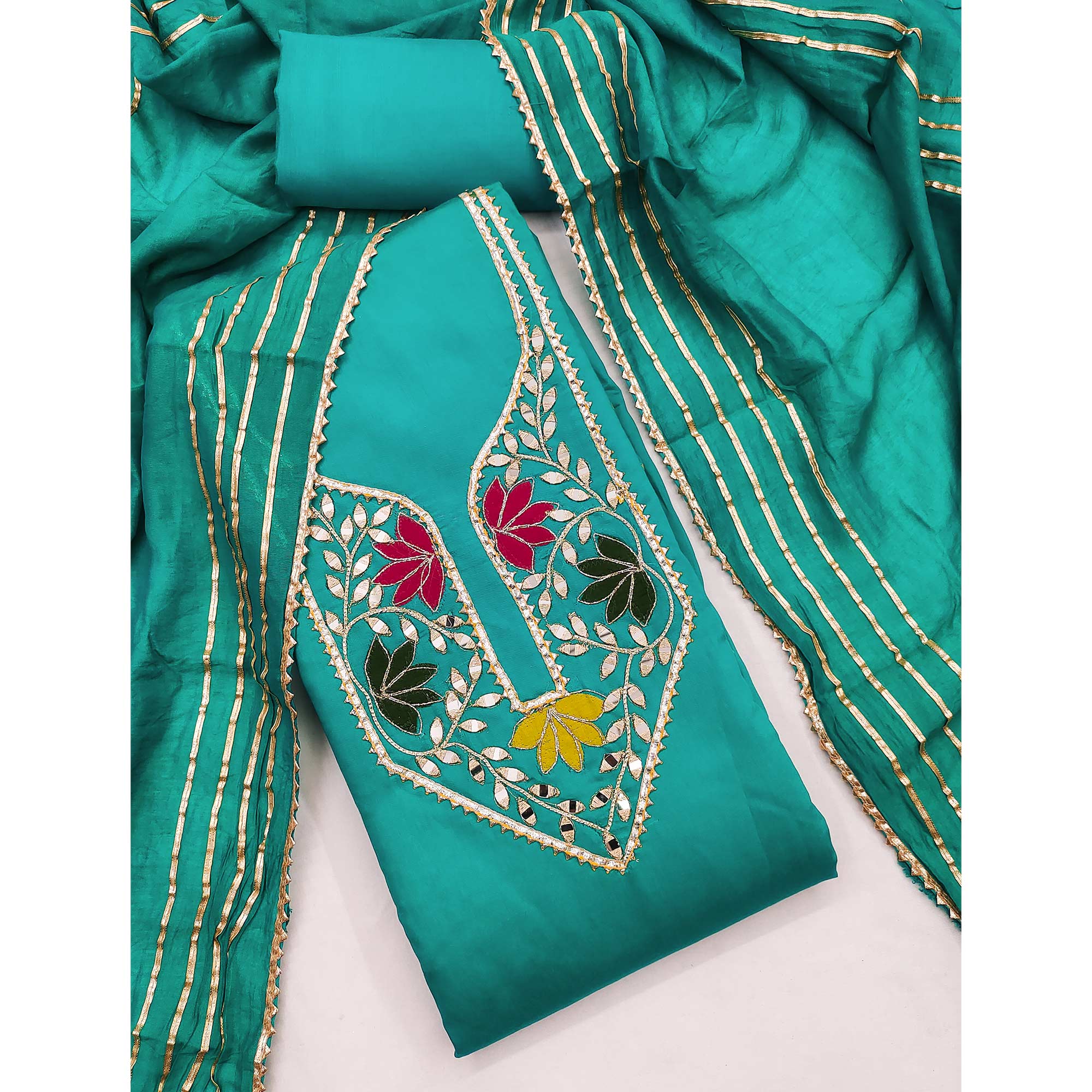 Rama Green Floral Embroidery Chanderi Cotton Dress Material Embellished With Mirror & Gota Patti