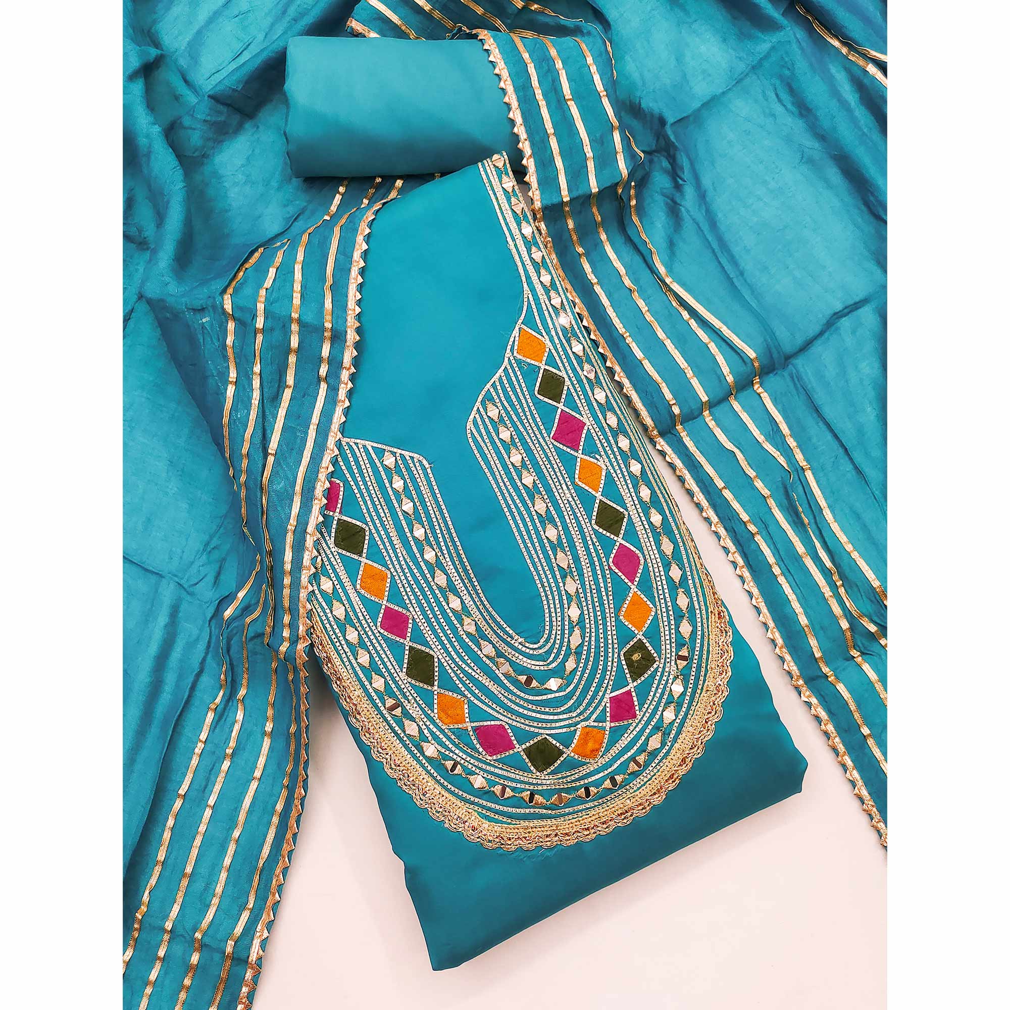 Blue Embroidered Chanderi Cotton Dress Material With Reflective Mirror & Gota Patti Work