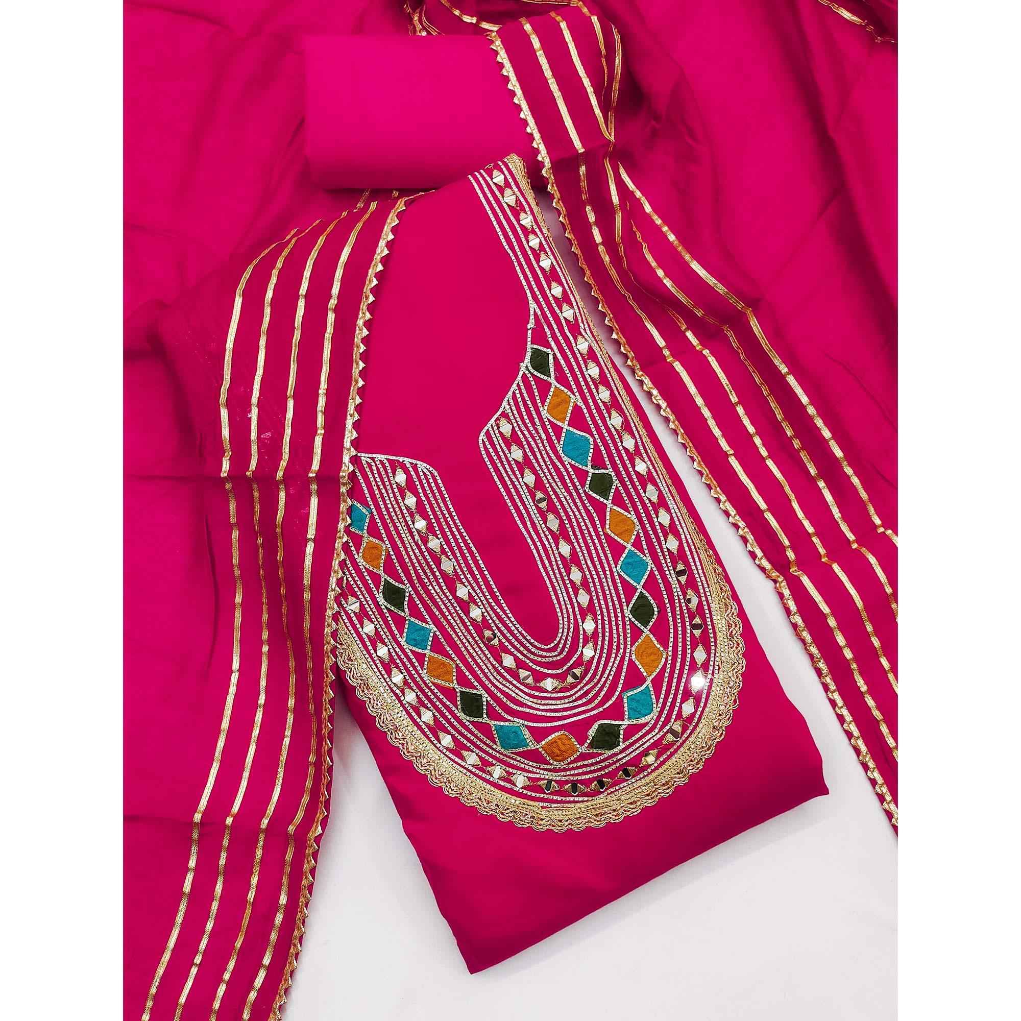 Rani Pink Embroidered Chanderi Cotton Dress Material With Reflective Mirror & Gota Patti Work