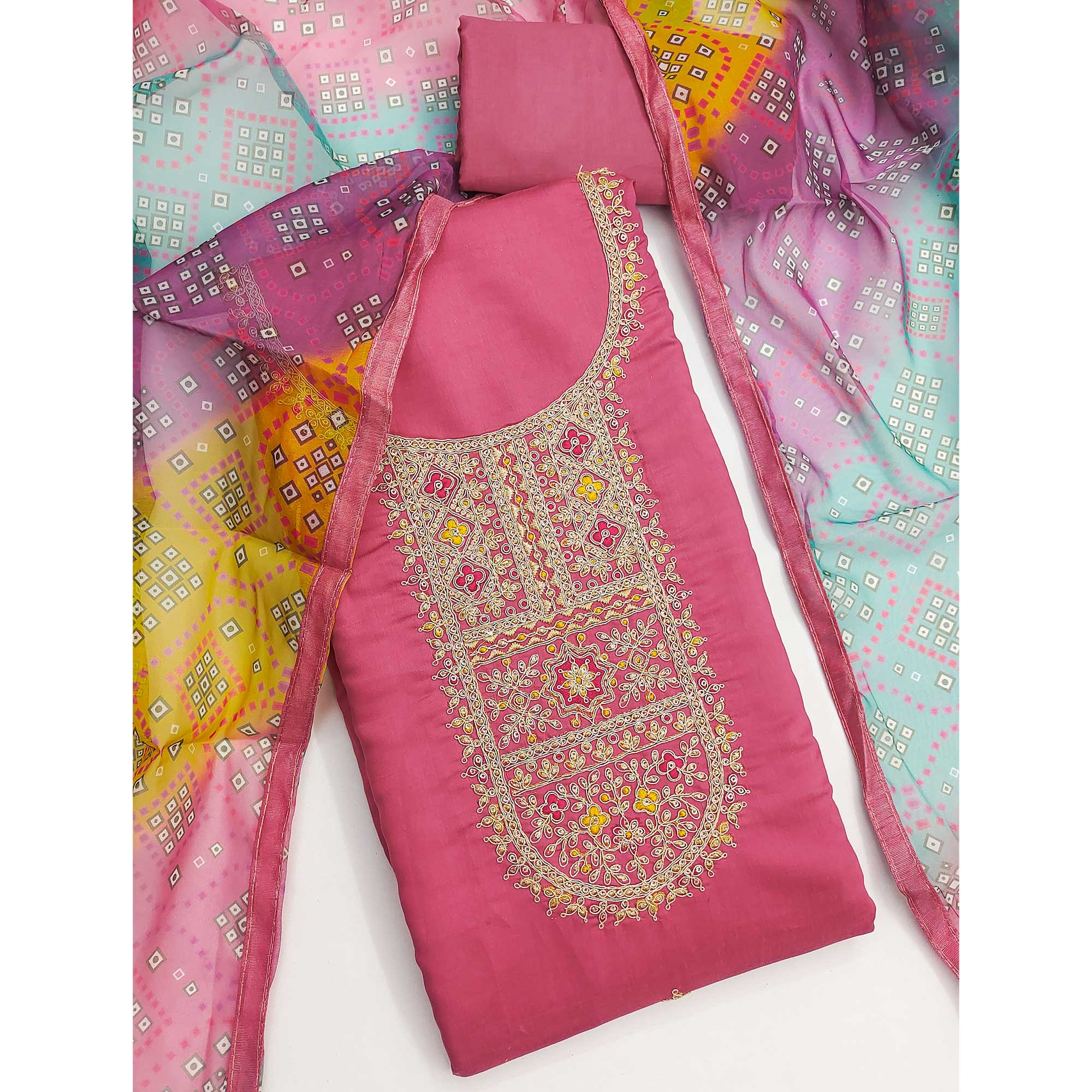 Gajari Pink Roman Chanderi Silk Dress Material With Elegant Sequins & Cording Embroidery Work