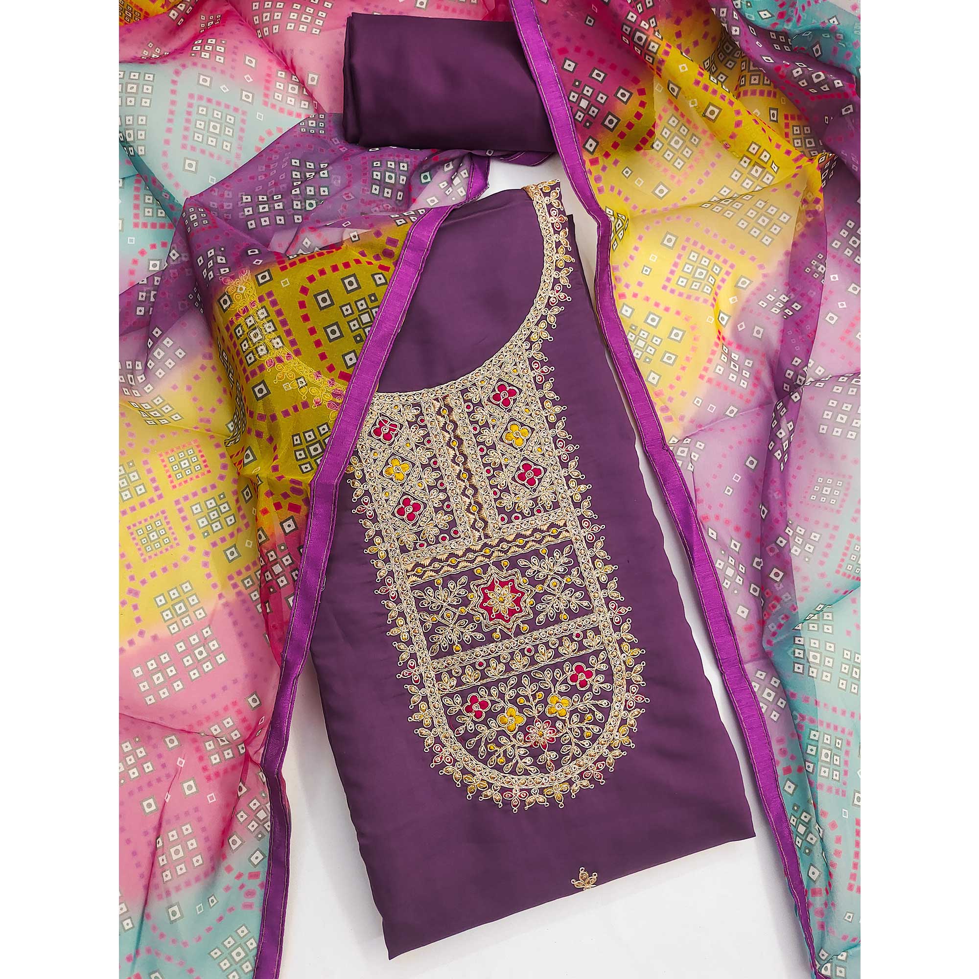 Purple Roman Chanderi Silk Dress Material With Elegant Sequins & Cording Embroidery Work