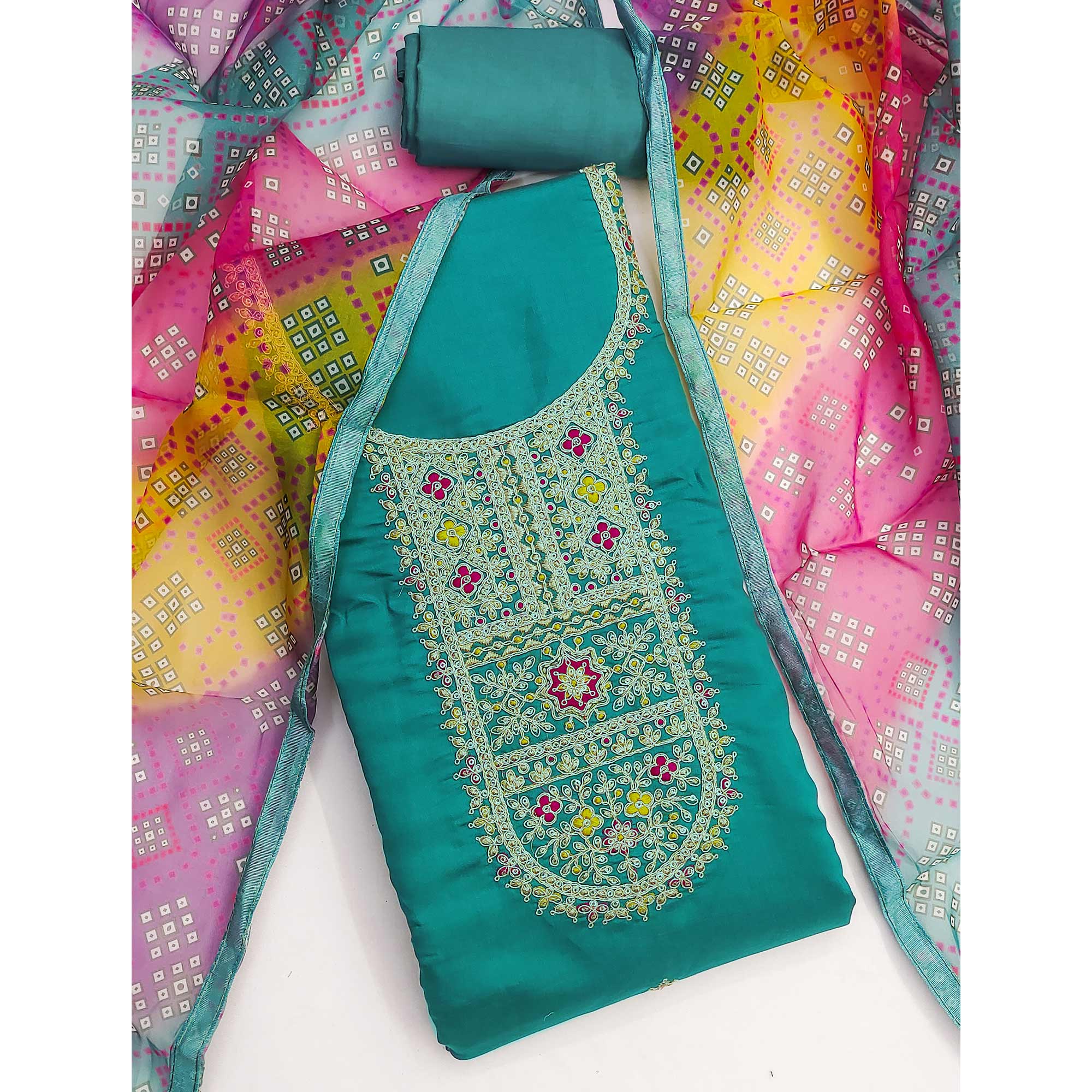 Rama Blue Roman Chanderi Silk Dress Material With Elegant Sequins & Cording Embroidery Work