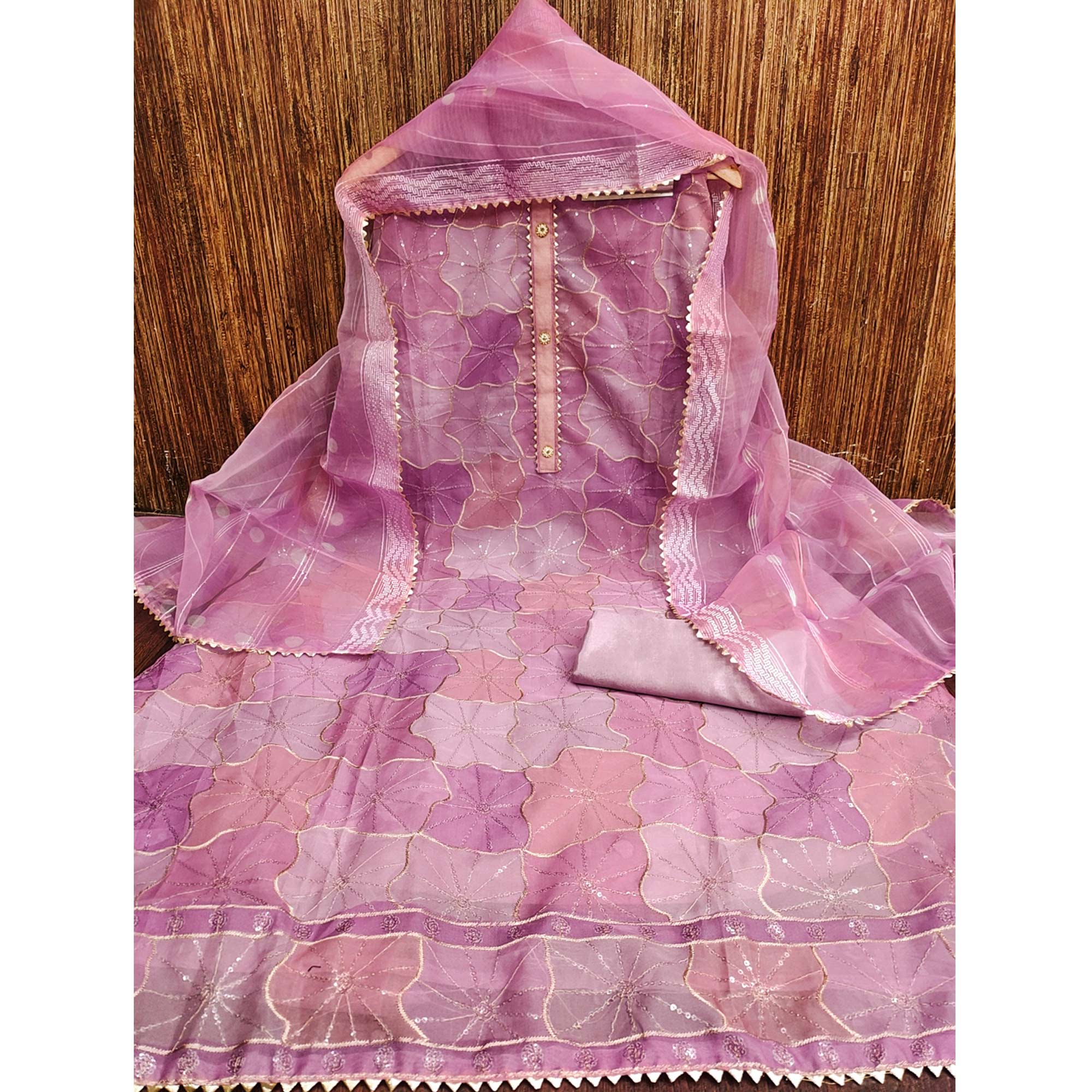 Purple Organza Suit Material with Delicate Sequins Embroidery to Elevate Your Look