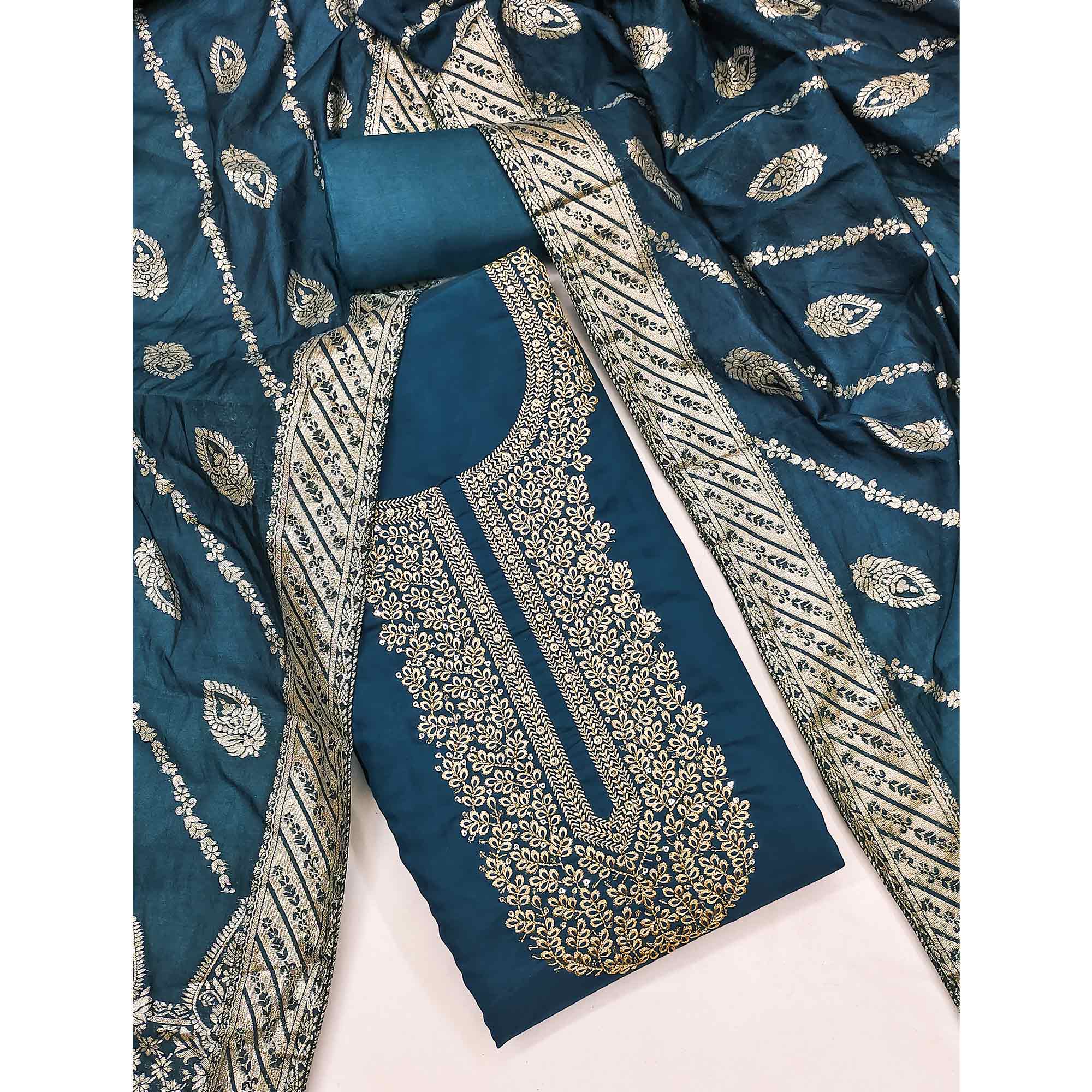 Teal Roman Chanderi Silk Dress Material With Elegant Floral & Cording Embroidery Work