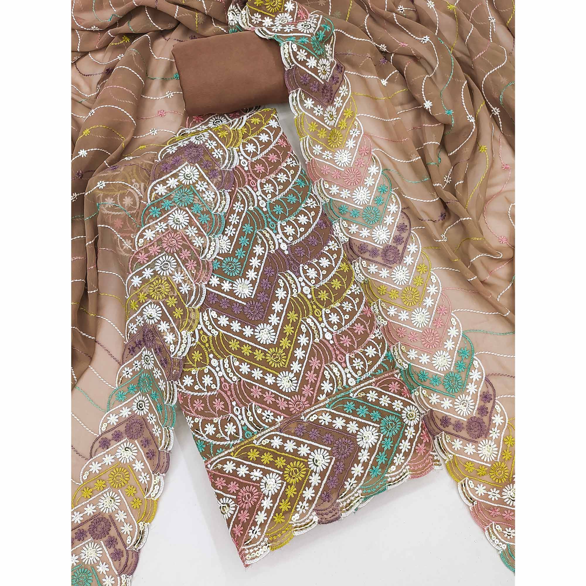 Brown Dress Material In Rich Jacquard With Intricate Heavy Embroidery