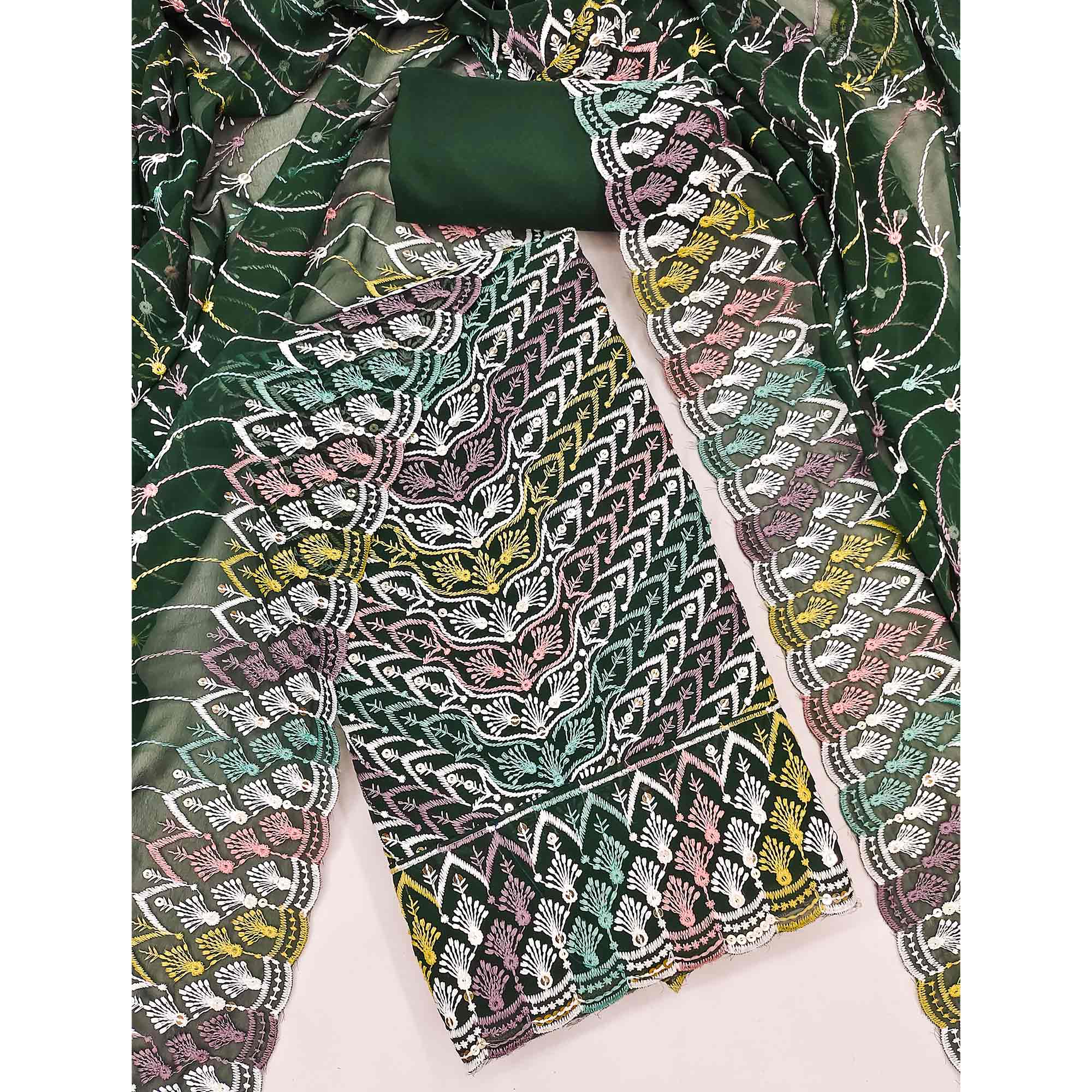 Dark Green Dress Material In Rich Jacquard With Intricate Heavy Embroidery