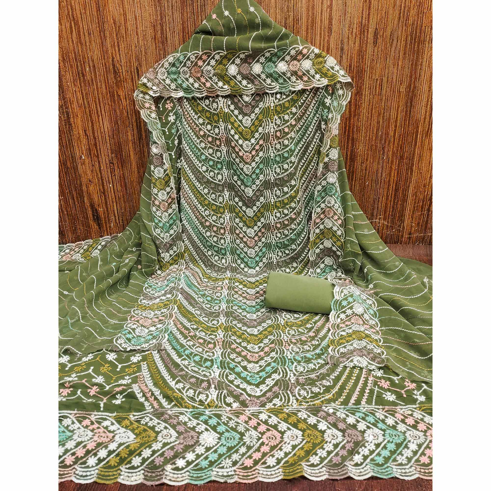 Green Dress Material In Rich Jacquard With Intricate Heavy Embroidery