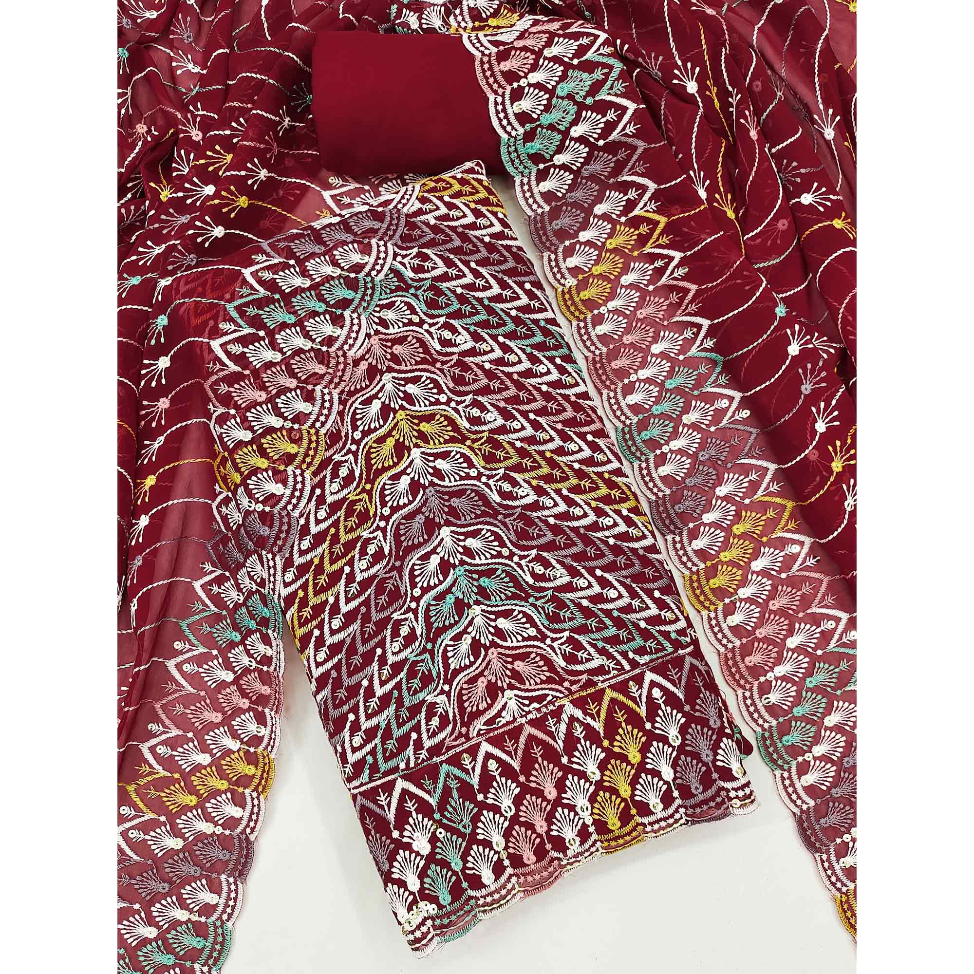 Maroon Dress Material In Rich Jacquard With Intricate Heavy Embroidery