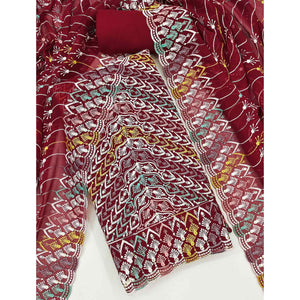 Maroon Dress Material In Rich Jacquard With Intricate Heavy Embroidery
