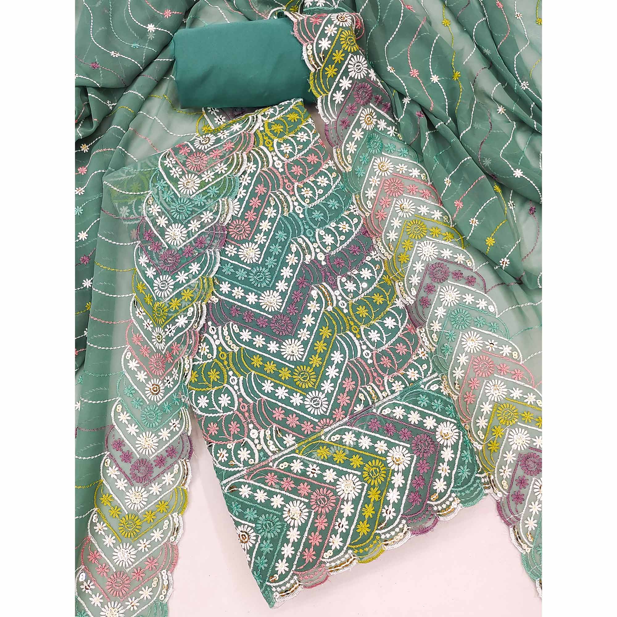 Sage Green Dress Material In Rich Jacquard With Intricate Heavy Embroidery