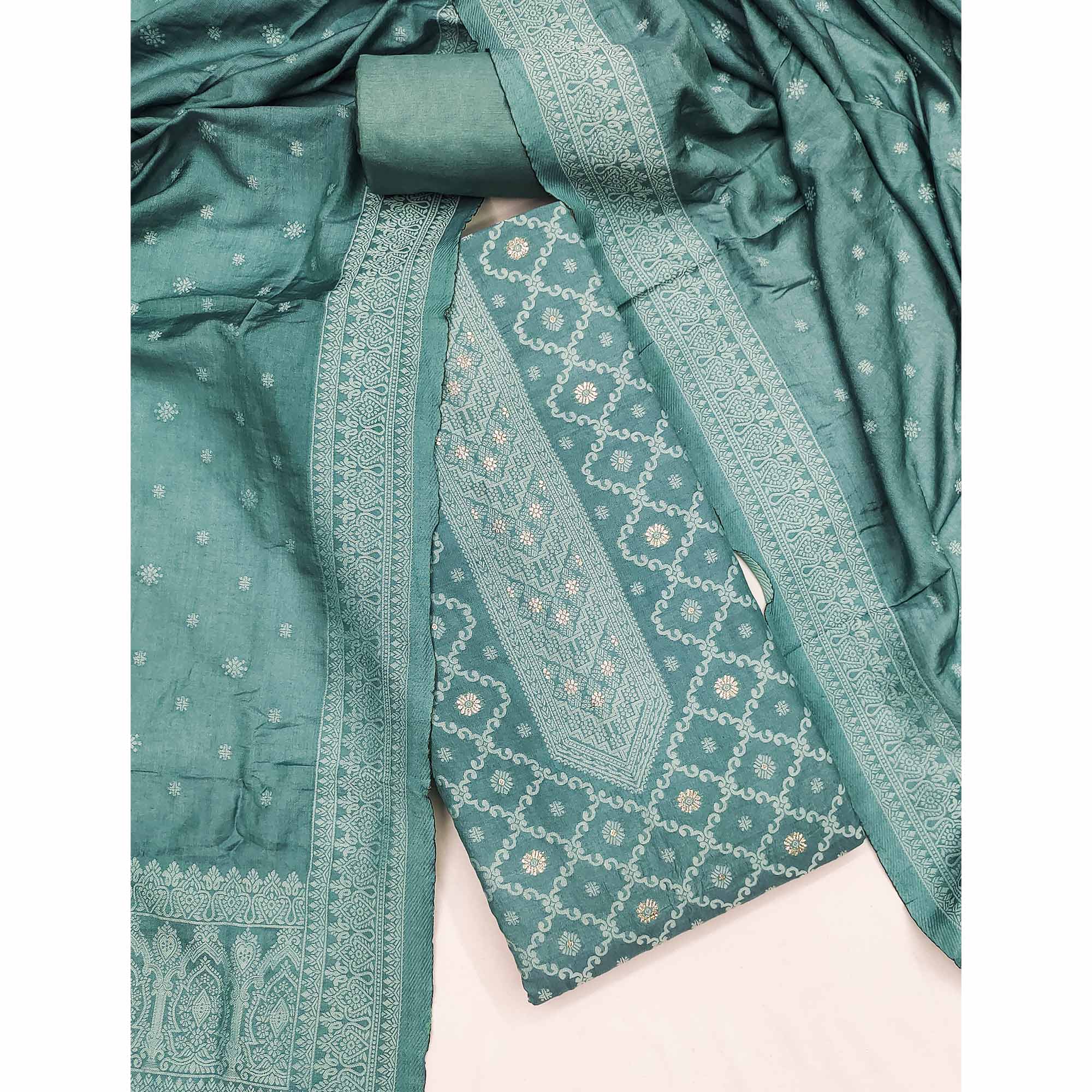 Banarasi Inspired Teal Jacquard Fabric for Elegant Ensembles