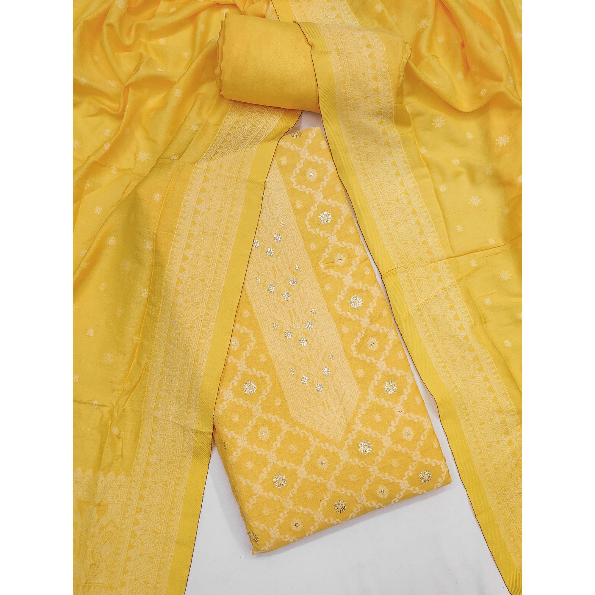 Banarasi Inspired Yellow Jacquard Fabric for Elegant Ensembles