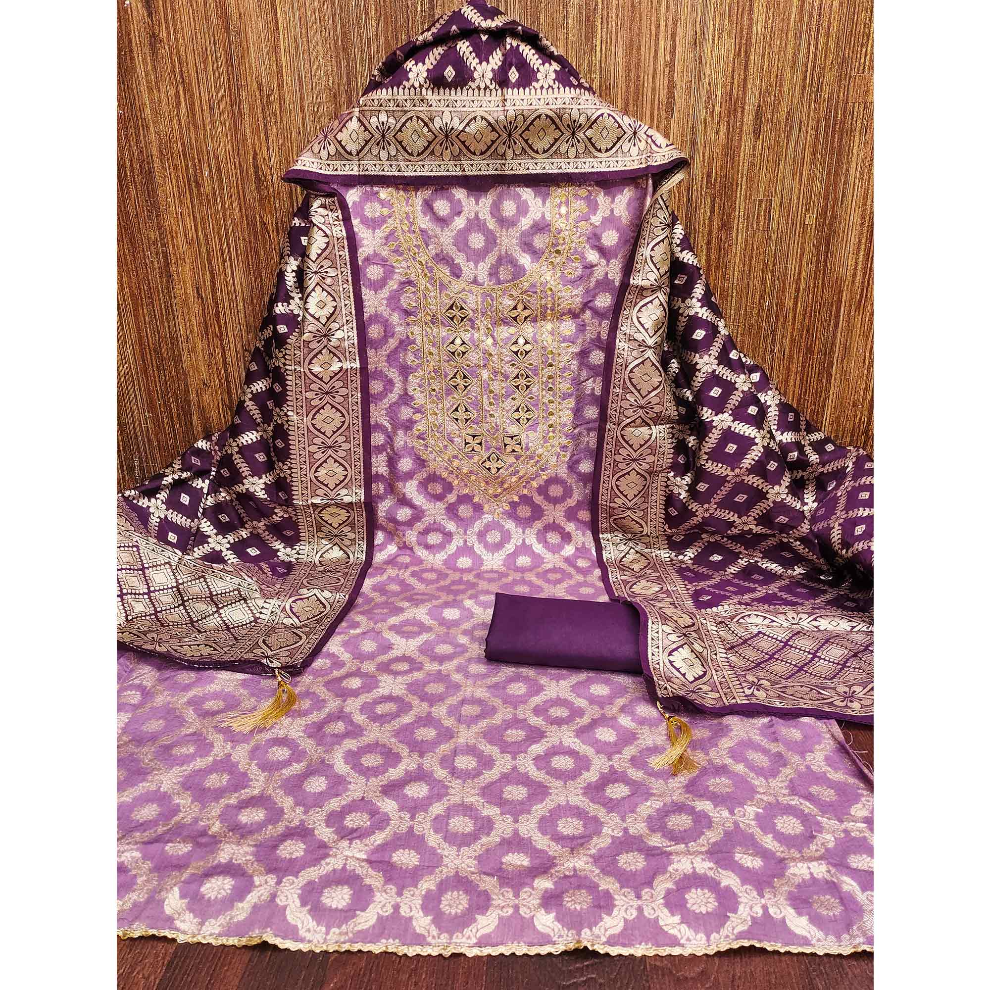 Purple Floral Weaving Jacquard Dress Material With Cording & Gota Patti Work