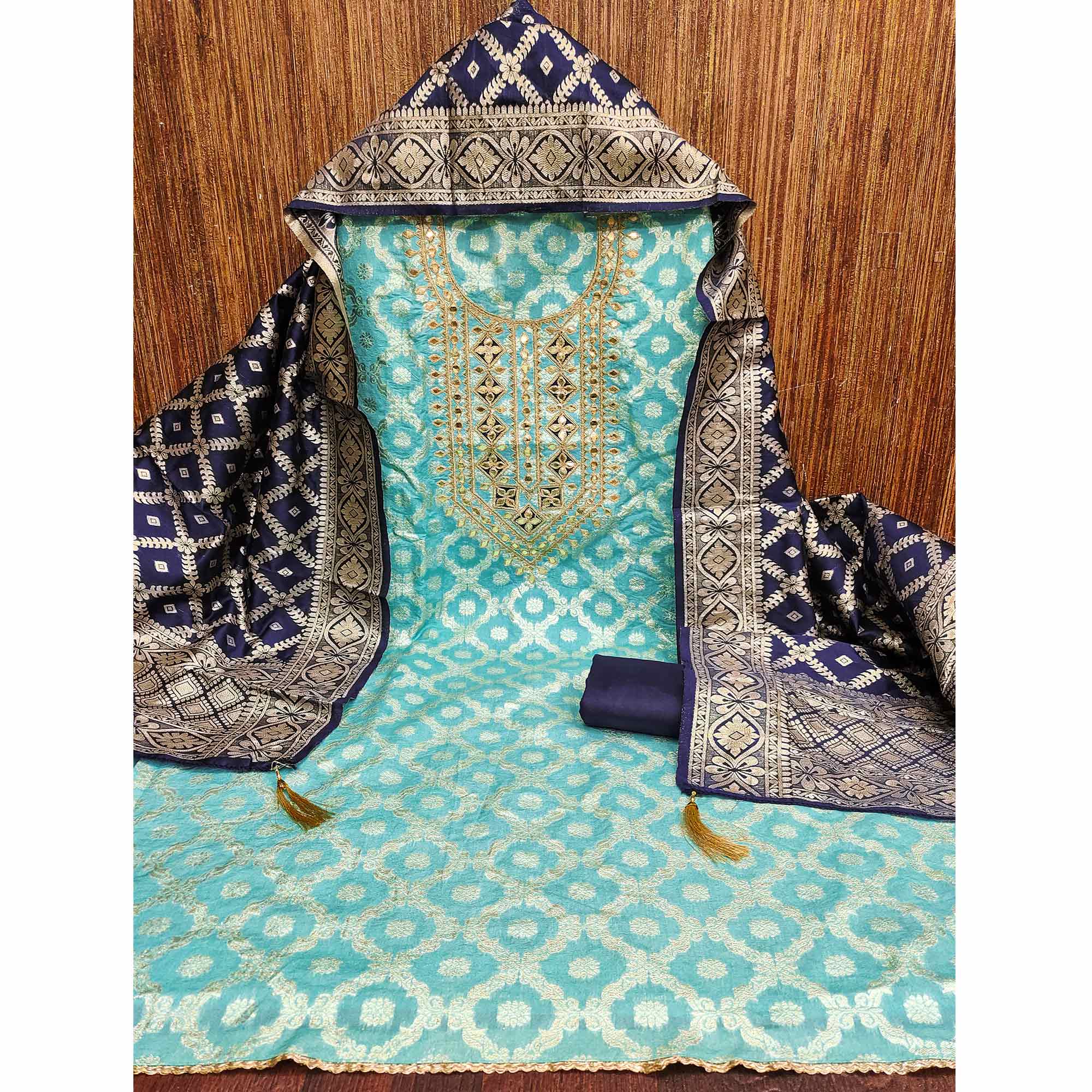 Turquoise Floral Weaving Jacquard Dress Material With Cording & Gota Patti Work
