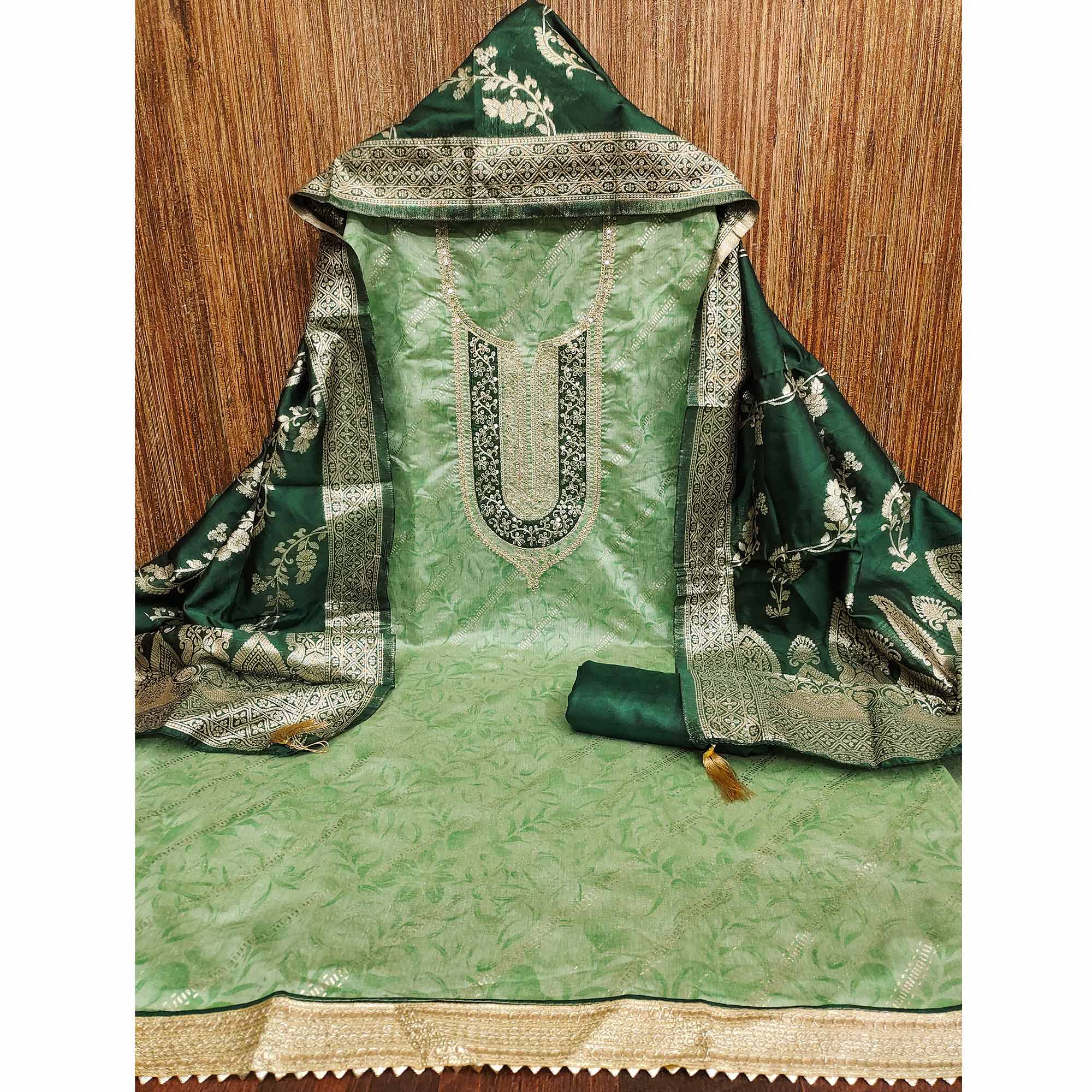 Green Printed Chanderi Silk Dress Material With Elegant Sequins & Cording Embroidery