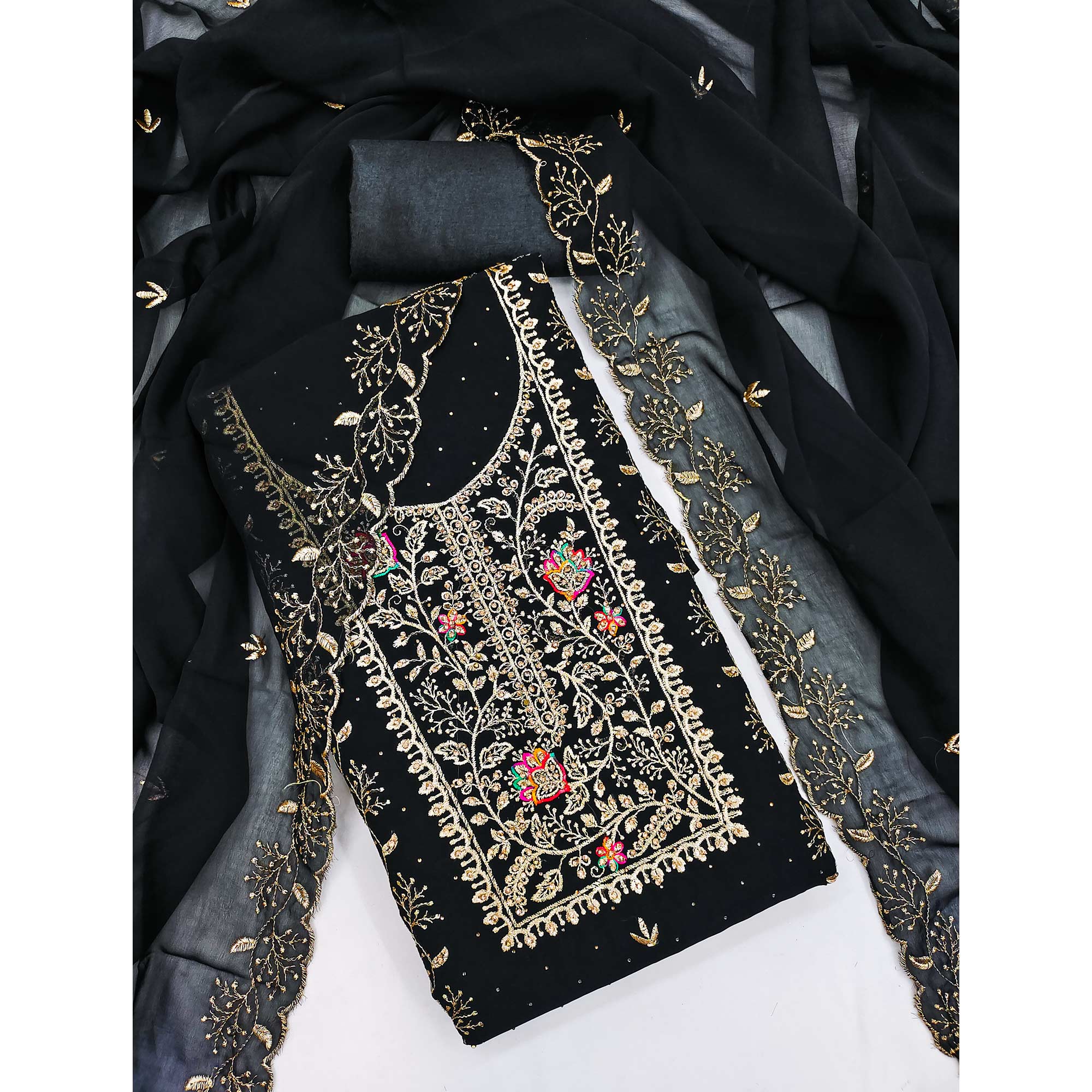 Black Georgette Dress Material With Floral Embroidery & Sparkling Stone Work