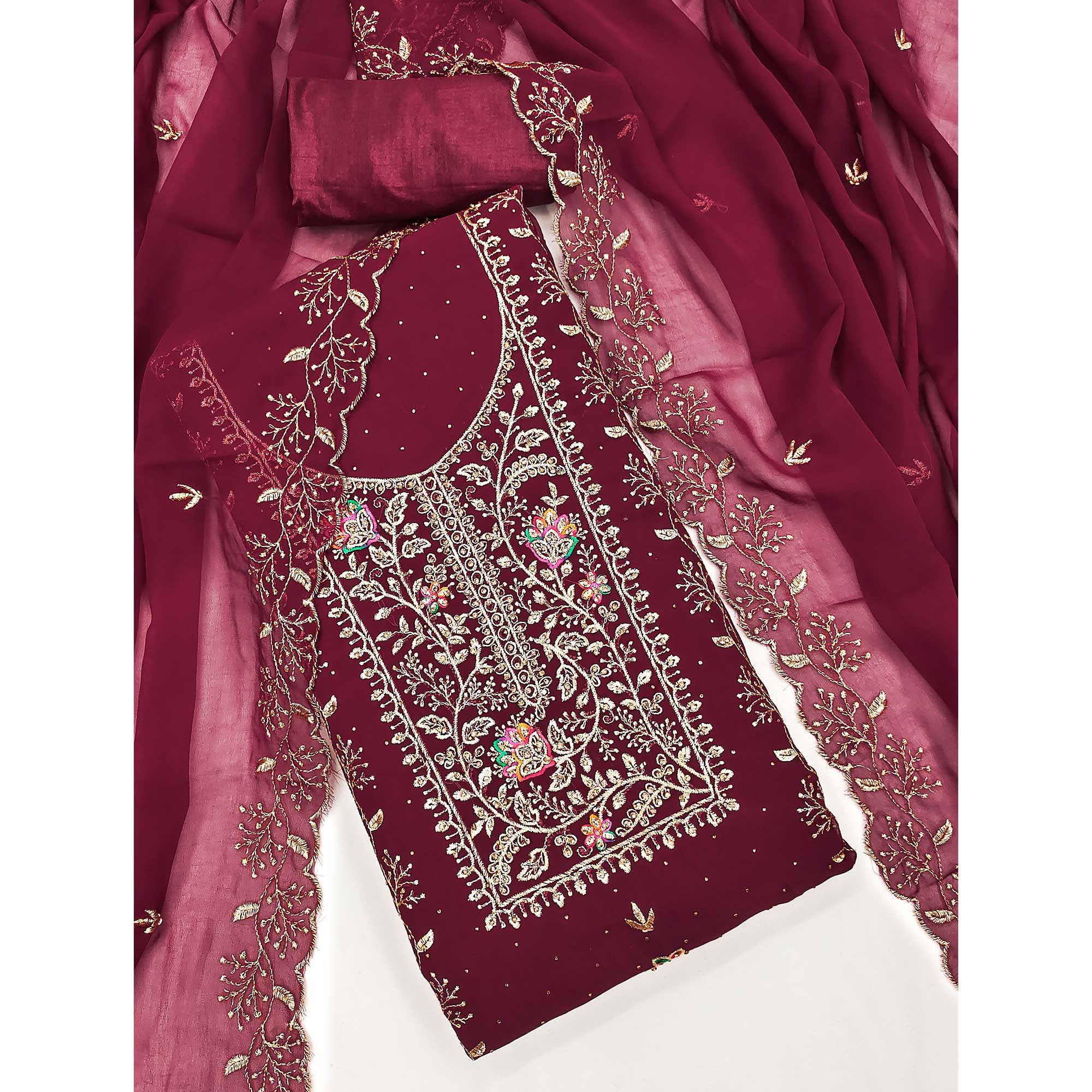 Maroon Georgette Dress Material With Floral Embroidery & Sparkling Stone Work