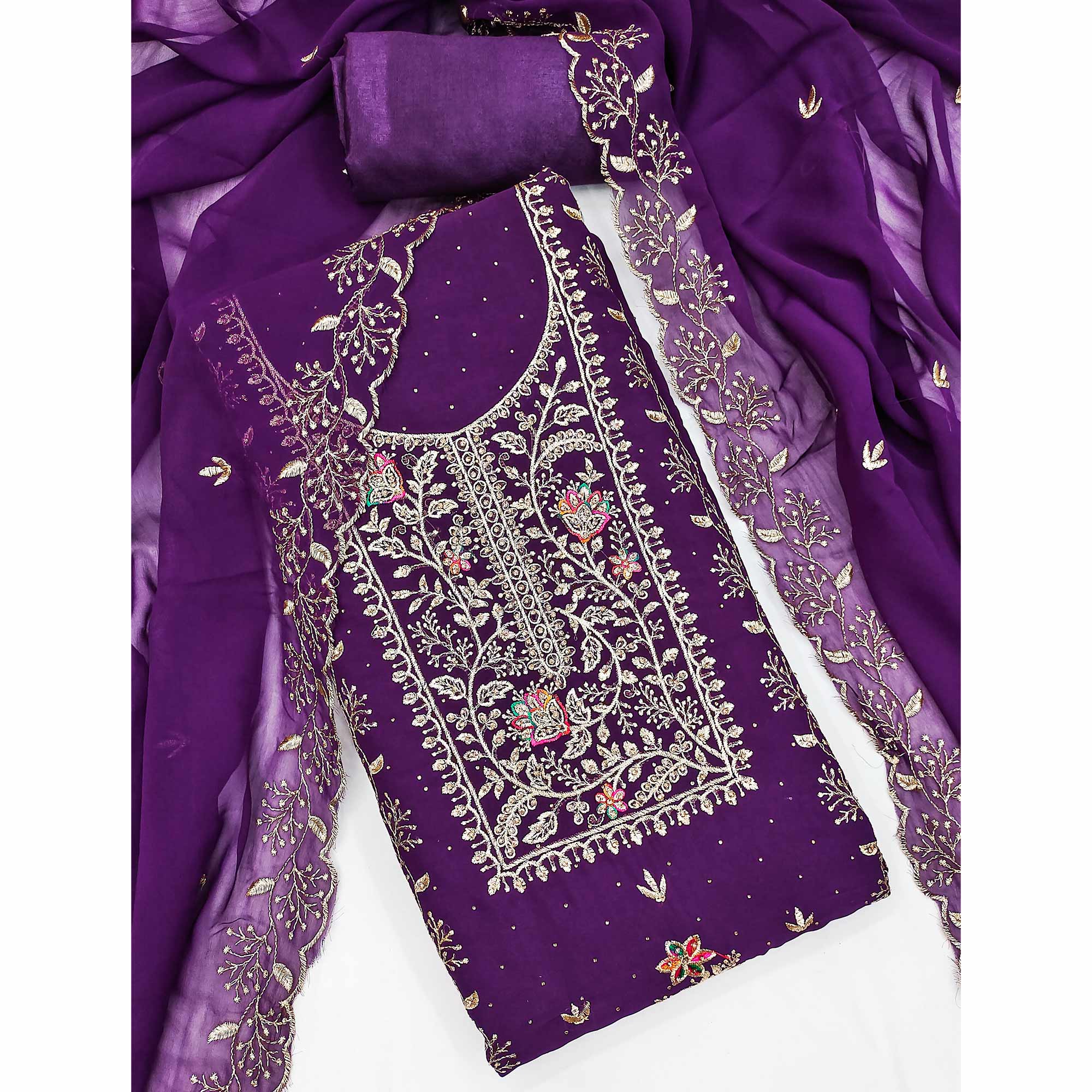 Purple Georgette Dress Material With Floral Embroidery & Sparkling Stone Work