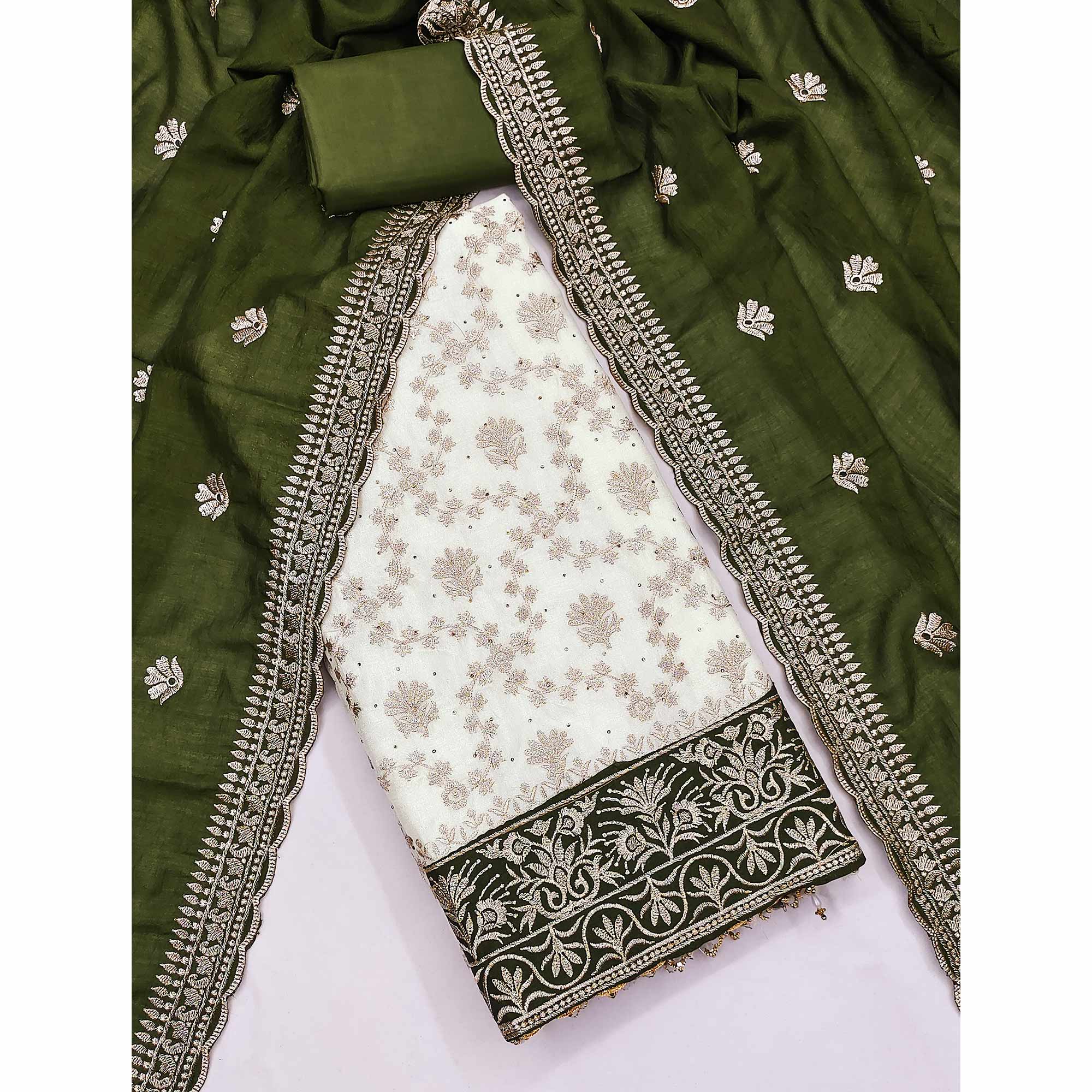 Offwhite & Green Vichitra Silk Dress Material With Intricate Floral Zari Work