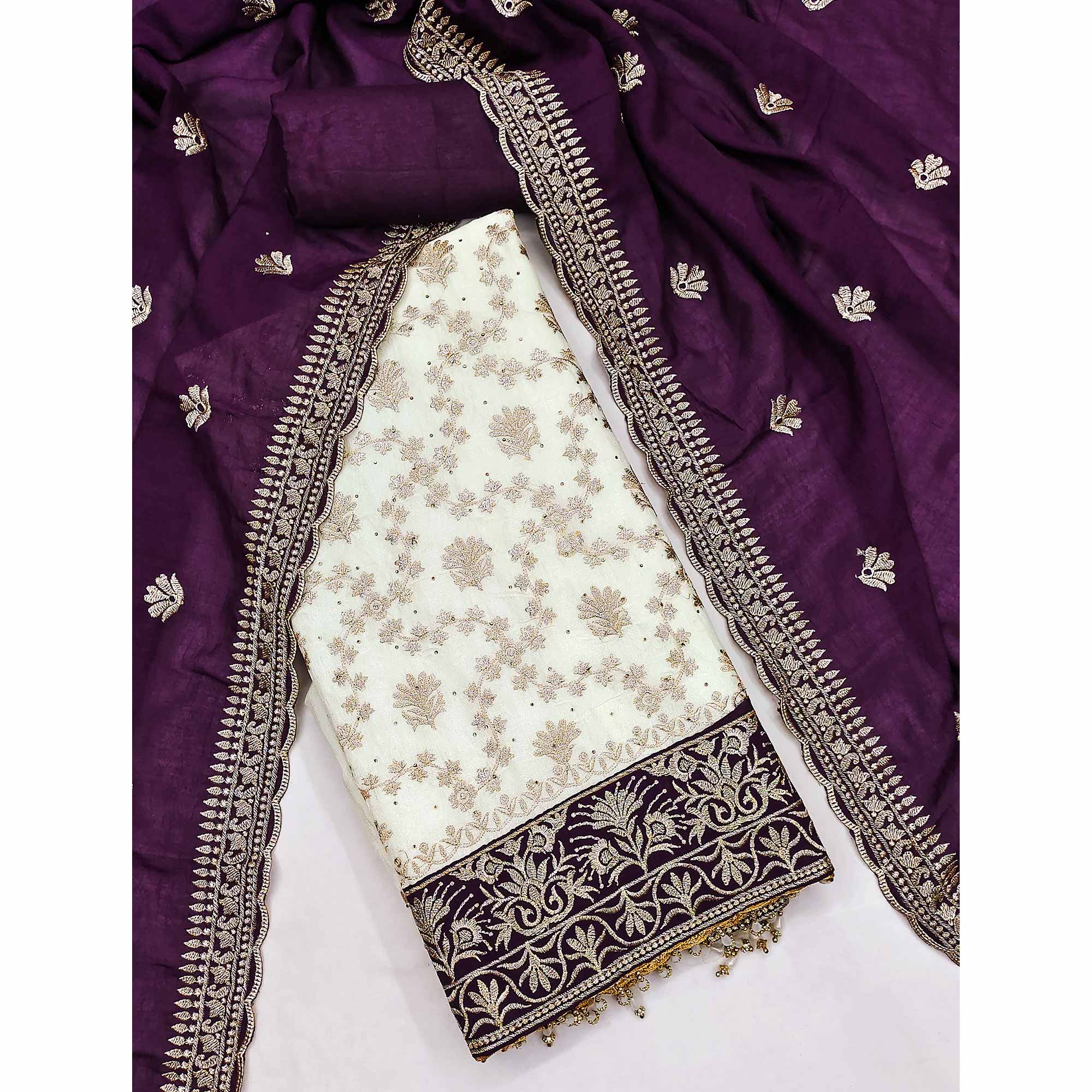 Offwhite & Wine Vichitra Silk Dress Material With Intricate Floral Zari Work