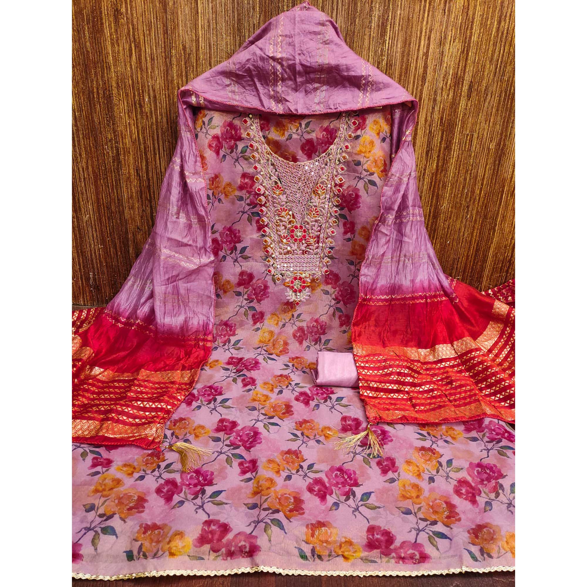 Lavender Floral Printed Dress Material With Elegant Embroidery on Shimmer Jacquard