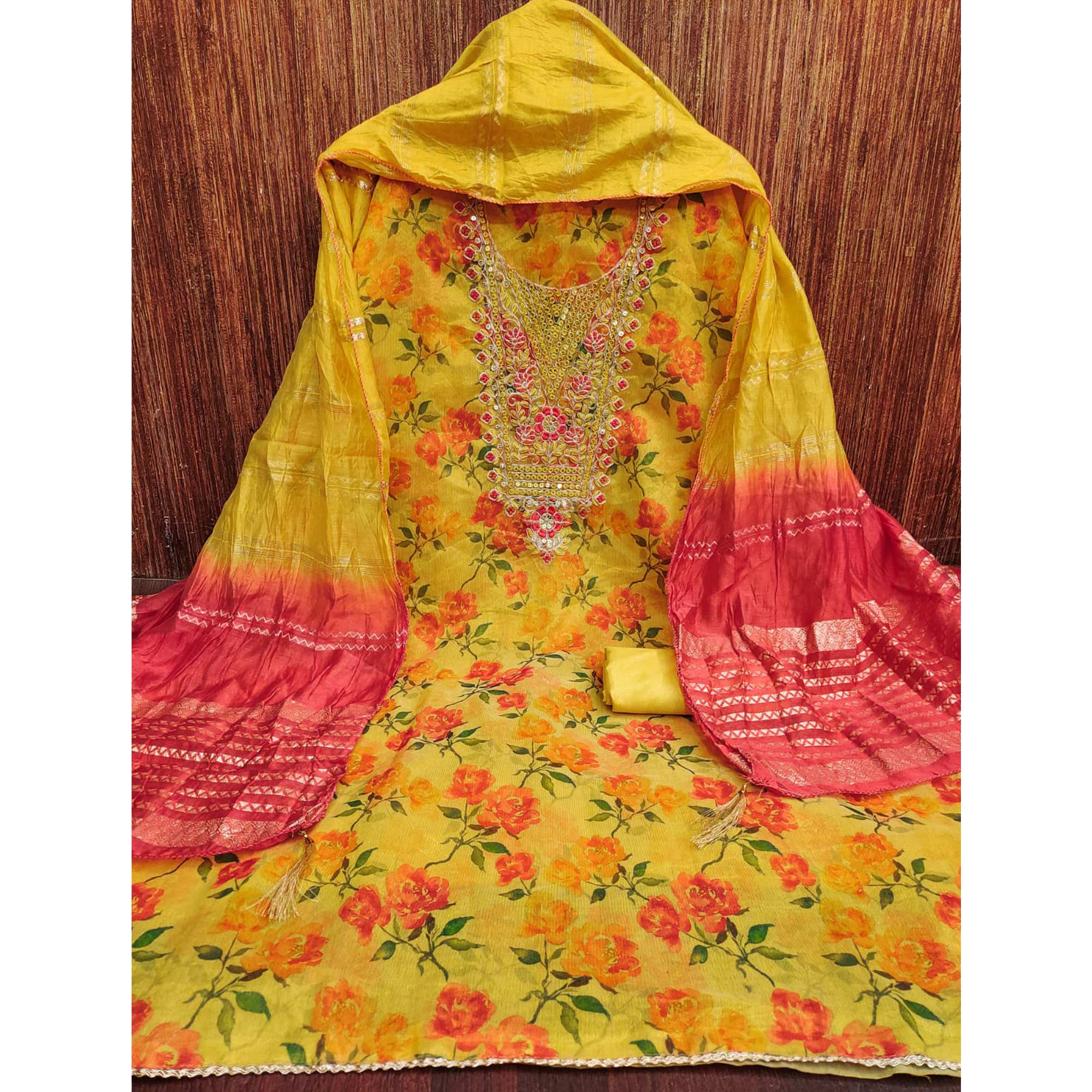 Yellow Floral Printed Dress Material With Elegant Embroidery on Shimmer Jacquard