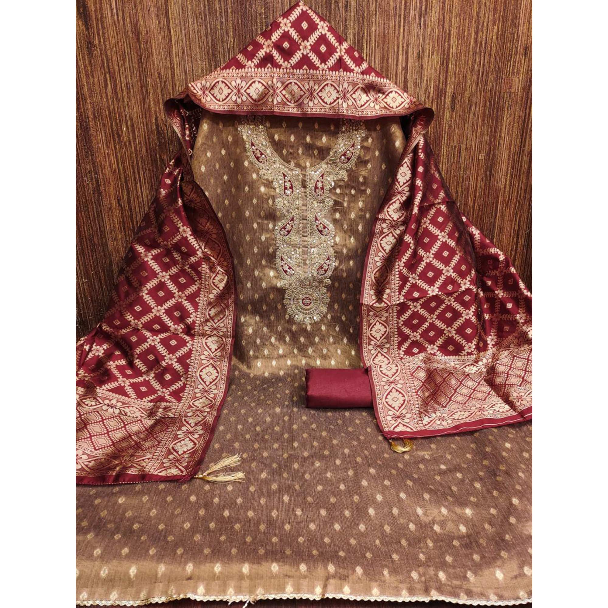 Brown Shimmer Jacquard Dress Material With Elegant Weaving & Cording Embroidery Work