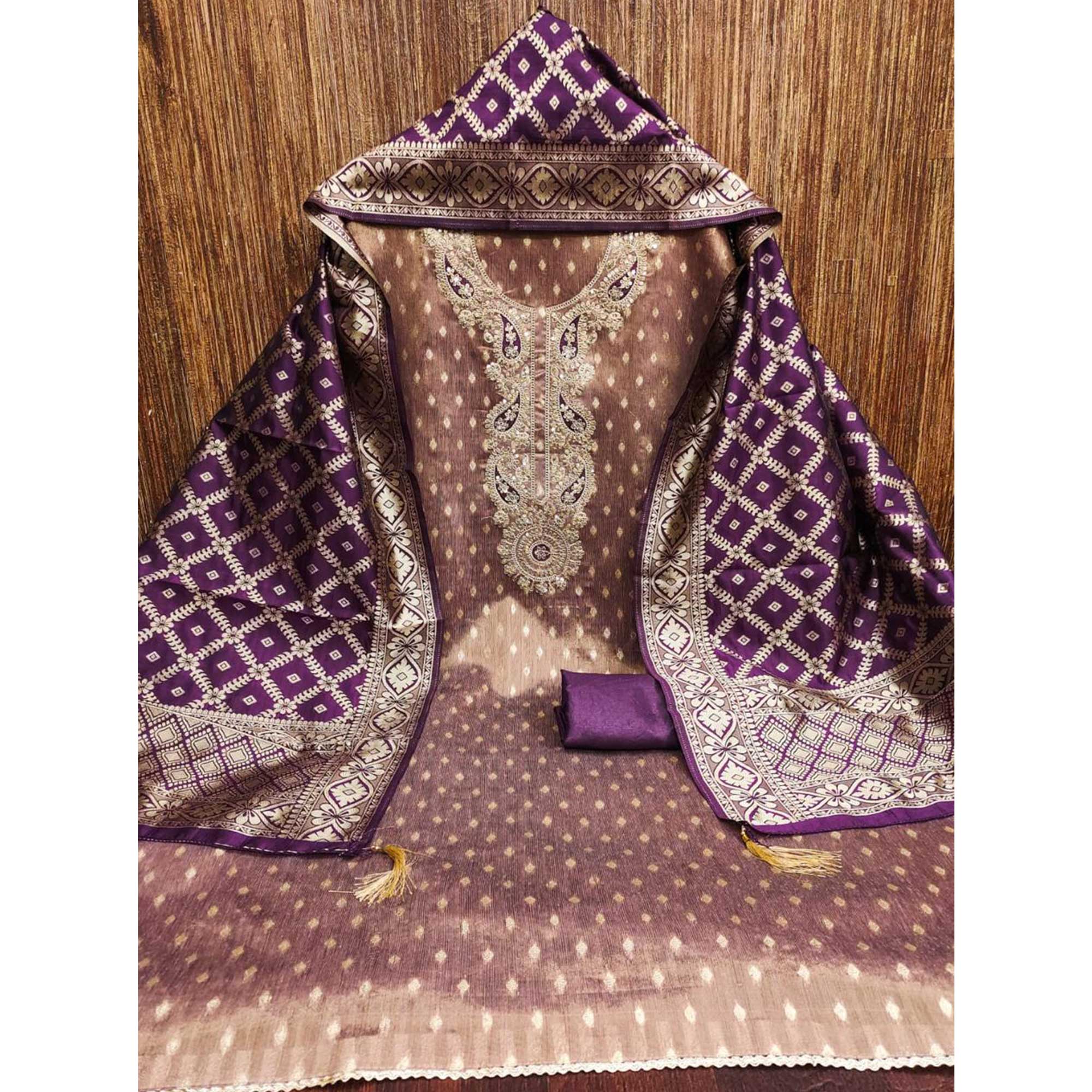 Rust Shimmer Jacquard Dress Material With Elegant Weaving & Cording Embroidery Work