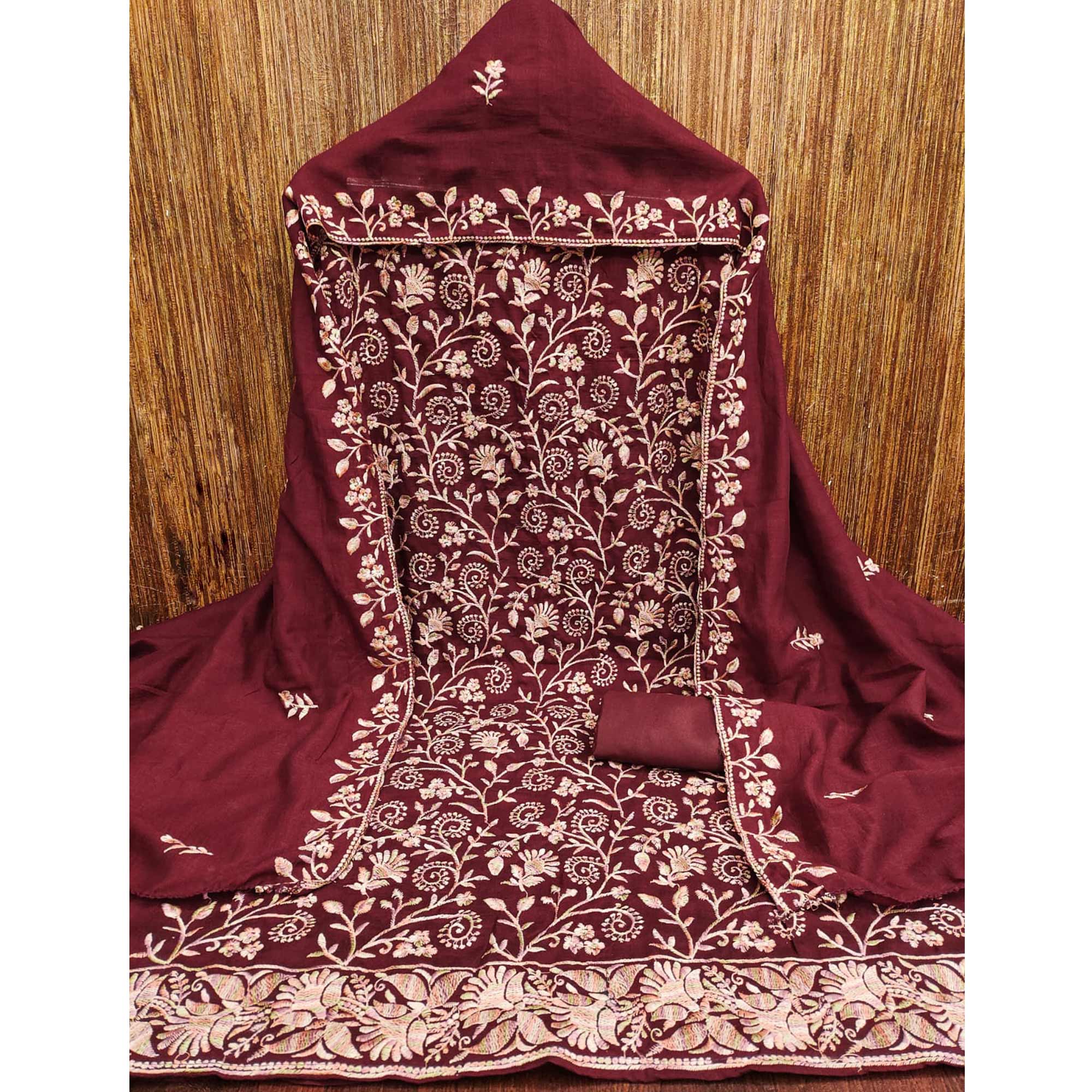 Maroon Vichitra Silk Dress Material With Elegant Floral Thread Embroidery