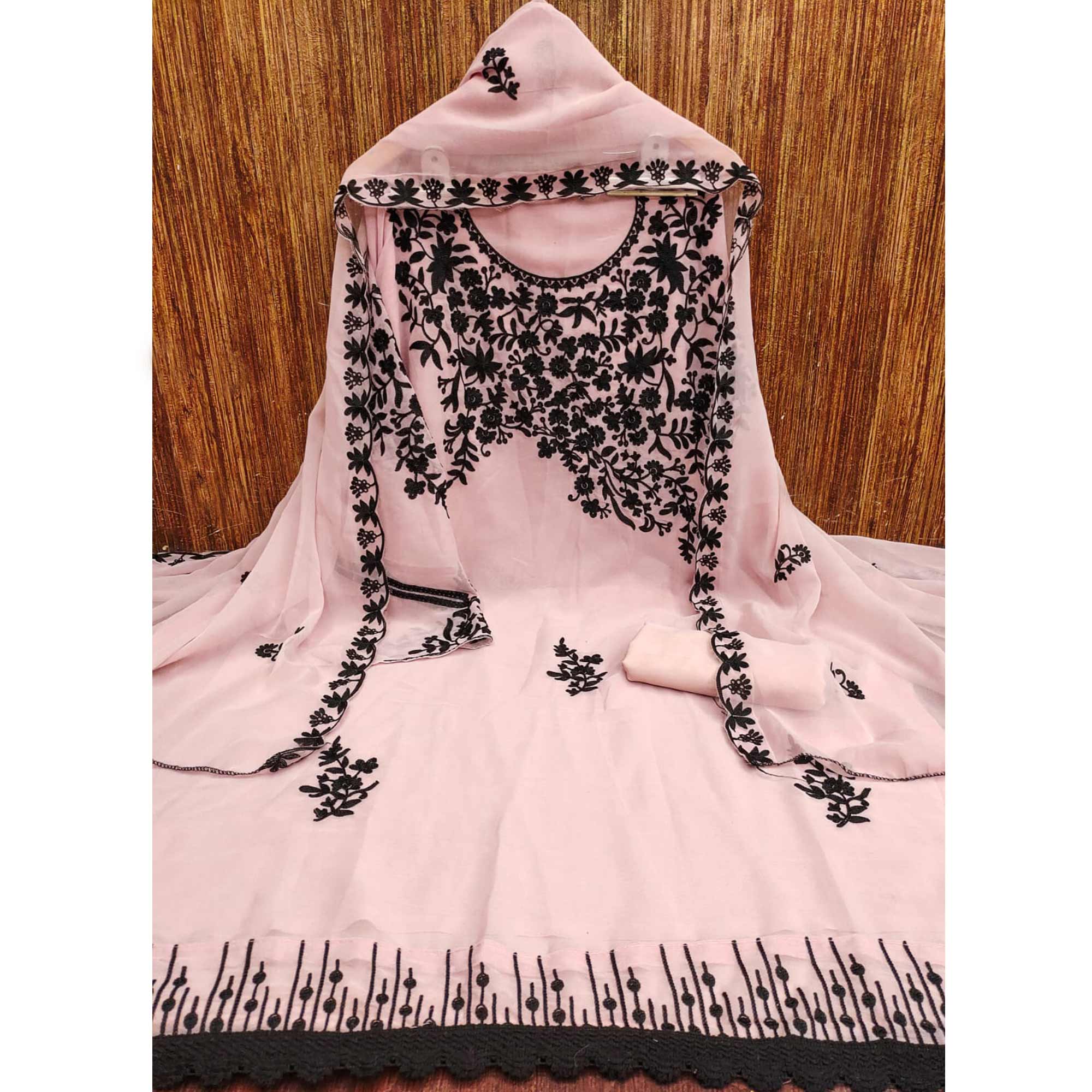 Pink Georgette Dress Material Adorned With Delicate Floral Thread Embroidery