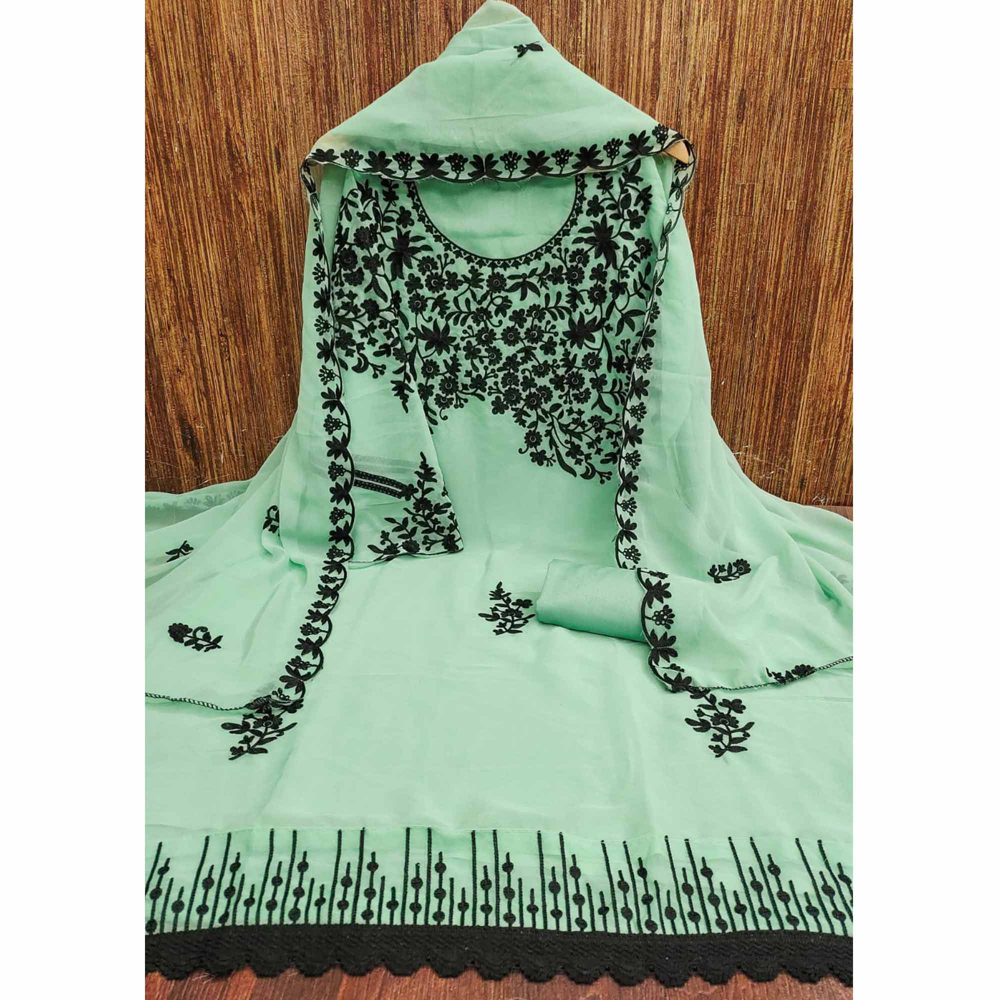 Sea Green Georgette Dress Material Adorned With Delicate Floral Thread Embroidery