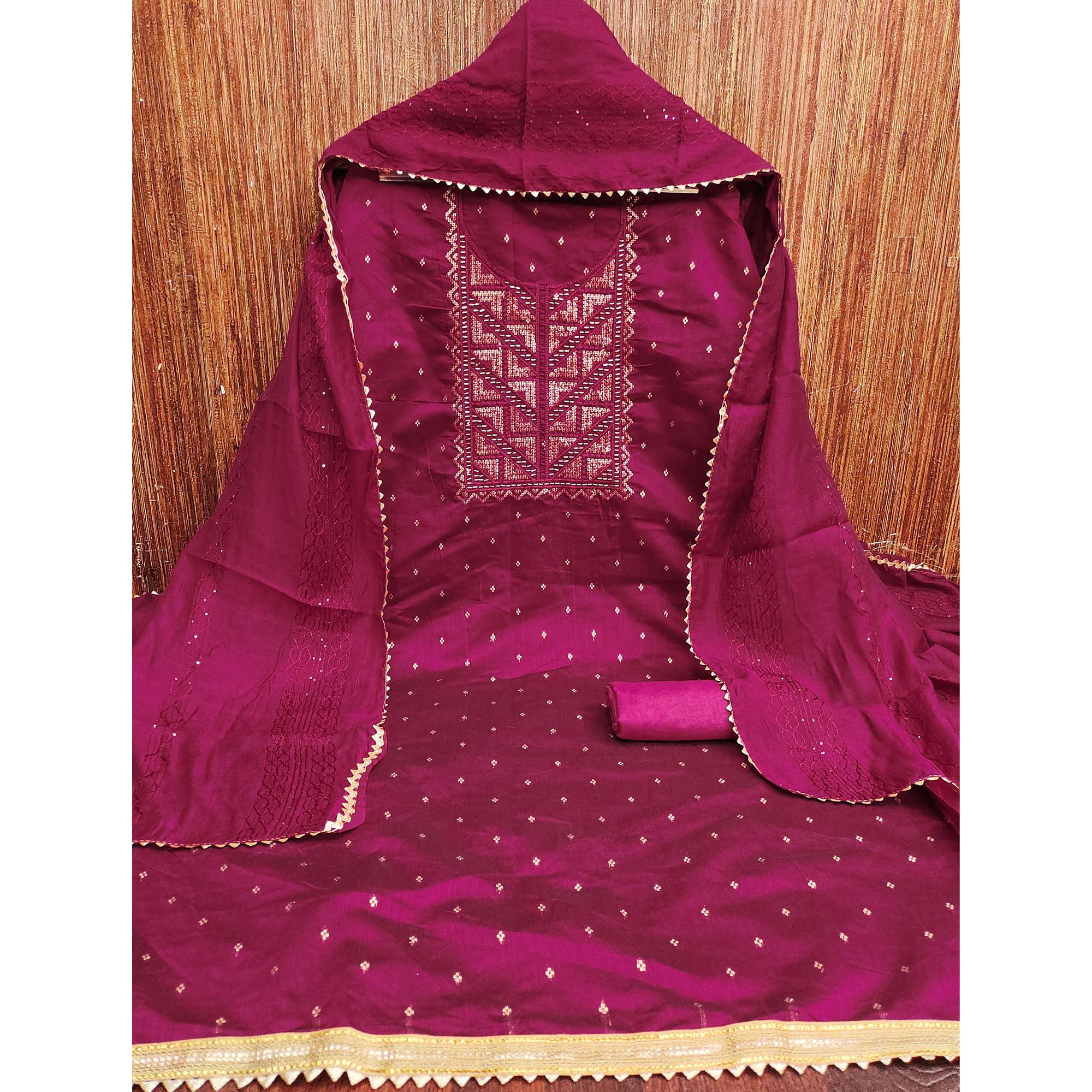 Rani Pink Sequins Embroidered Dress Material Crafted On Rich Chanderi Silk Jacquard