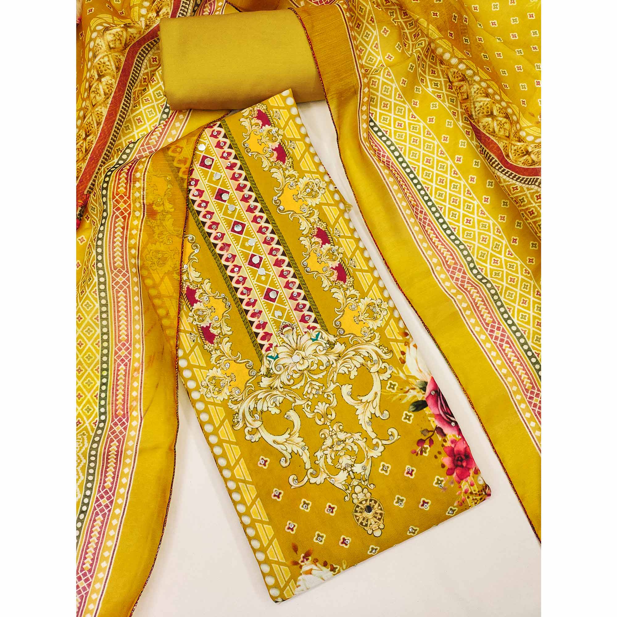 Mustard Dress Material in Rayon with Delicate Floral Patterns