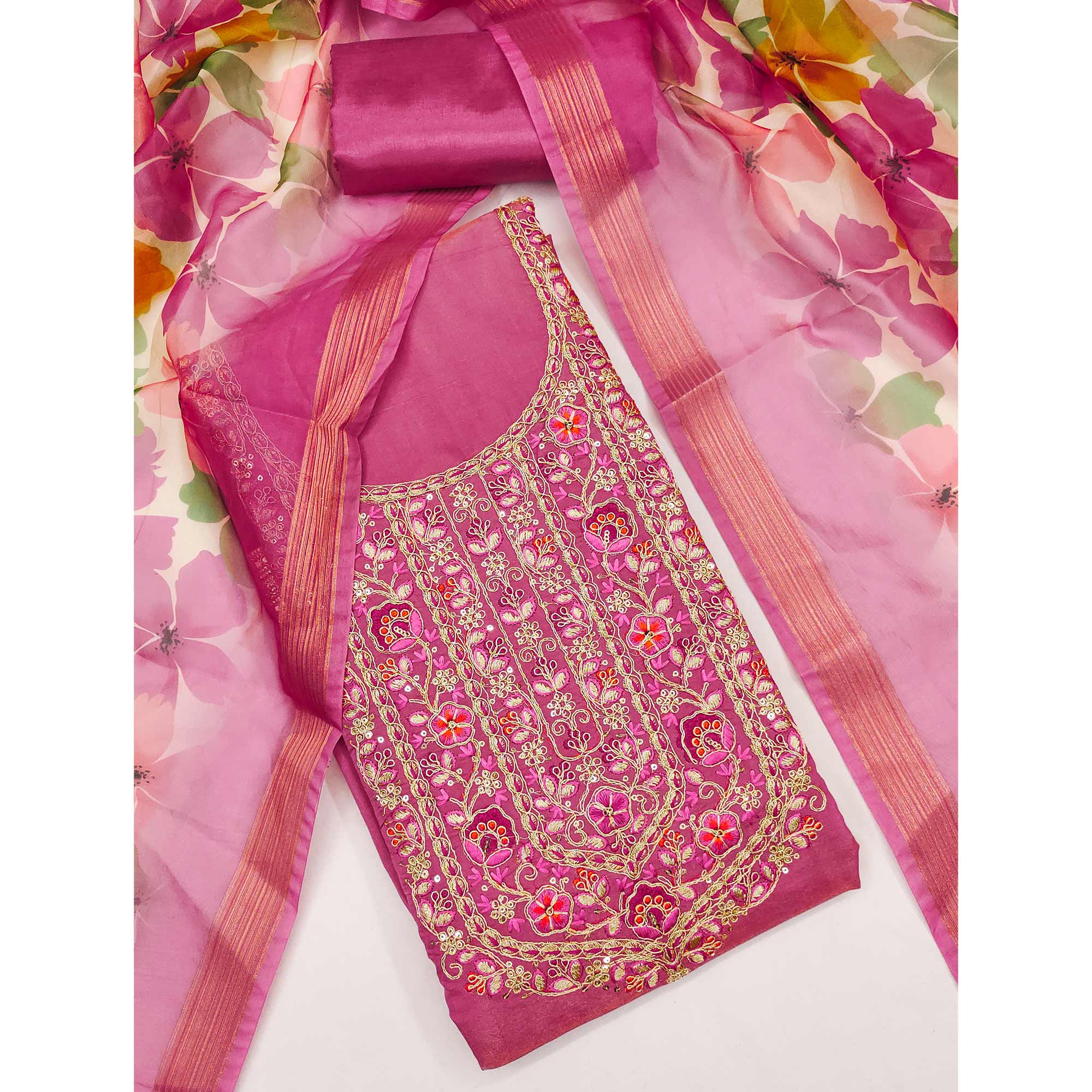 Pink Chanderi Silk Unstitched Suit with Embroidered Detailing