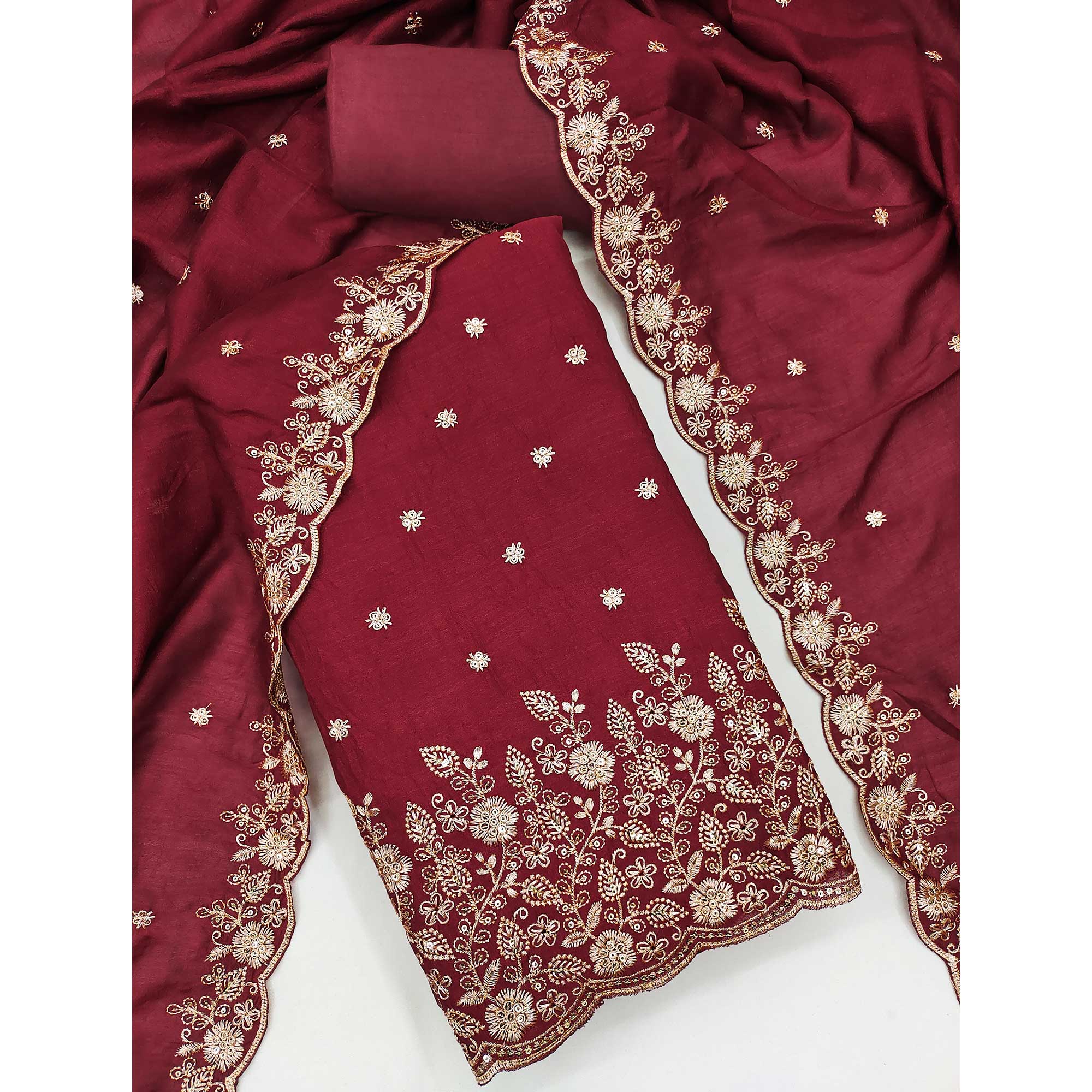 Maroon Vichitra Silk Dress Material with Rich Threadwork