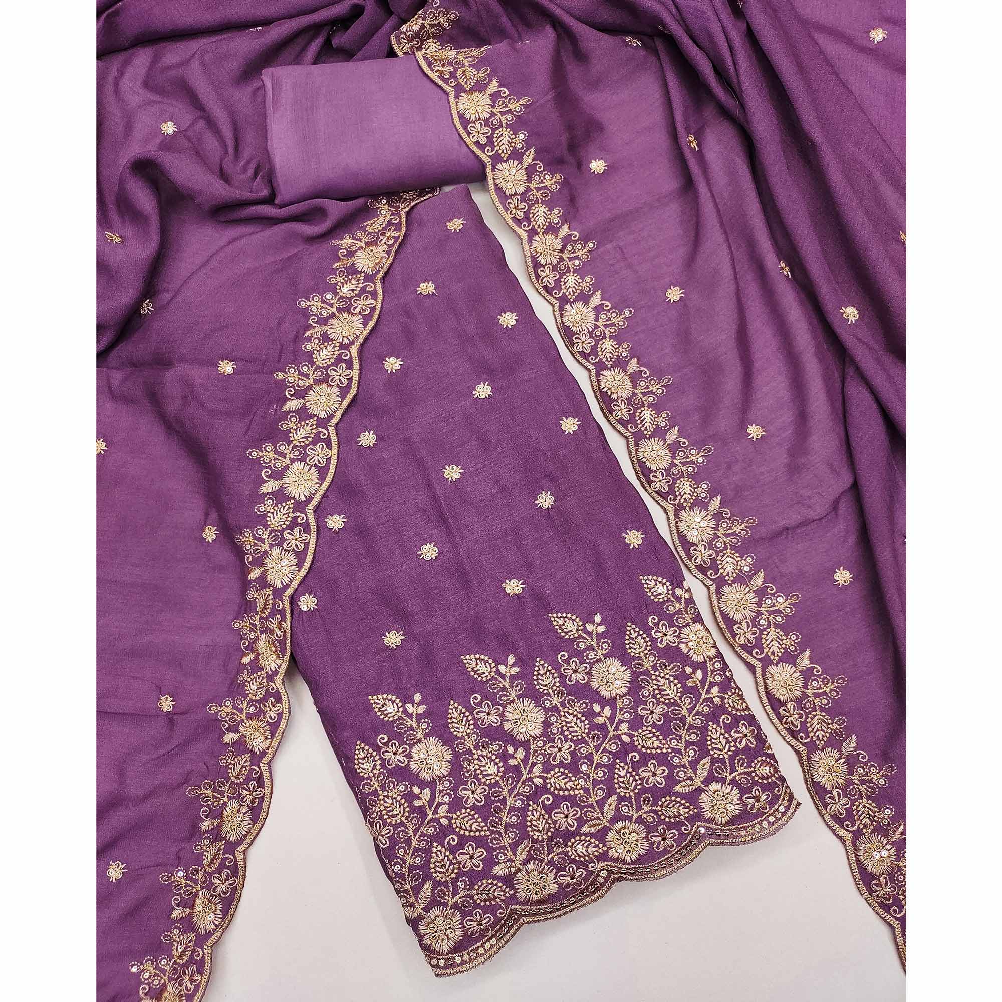 Purple Vichitra Silk Dress Material with Rich Threadwork