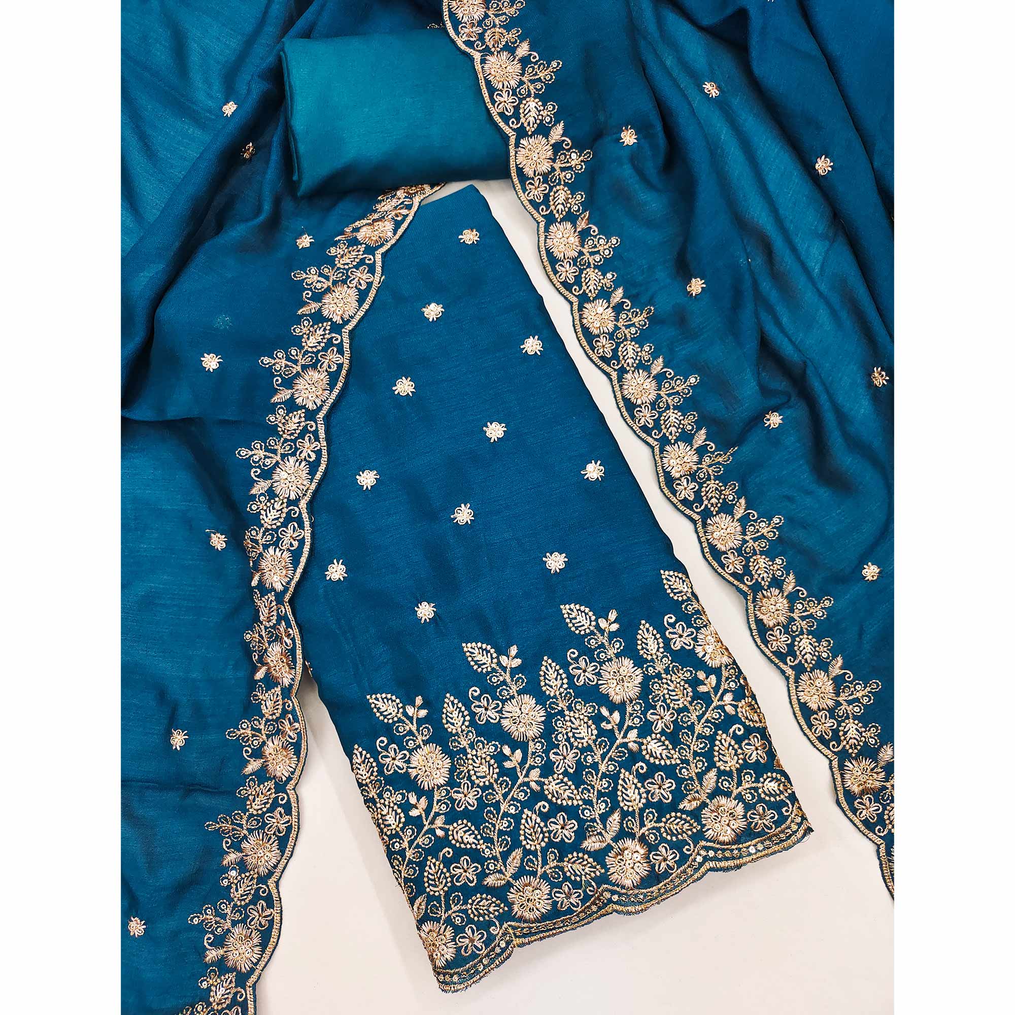 Teal Vichitra Silk Dress Material with Rich Threadwork