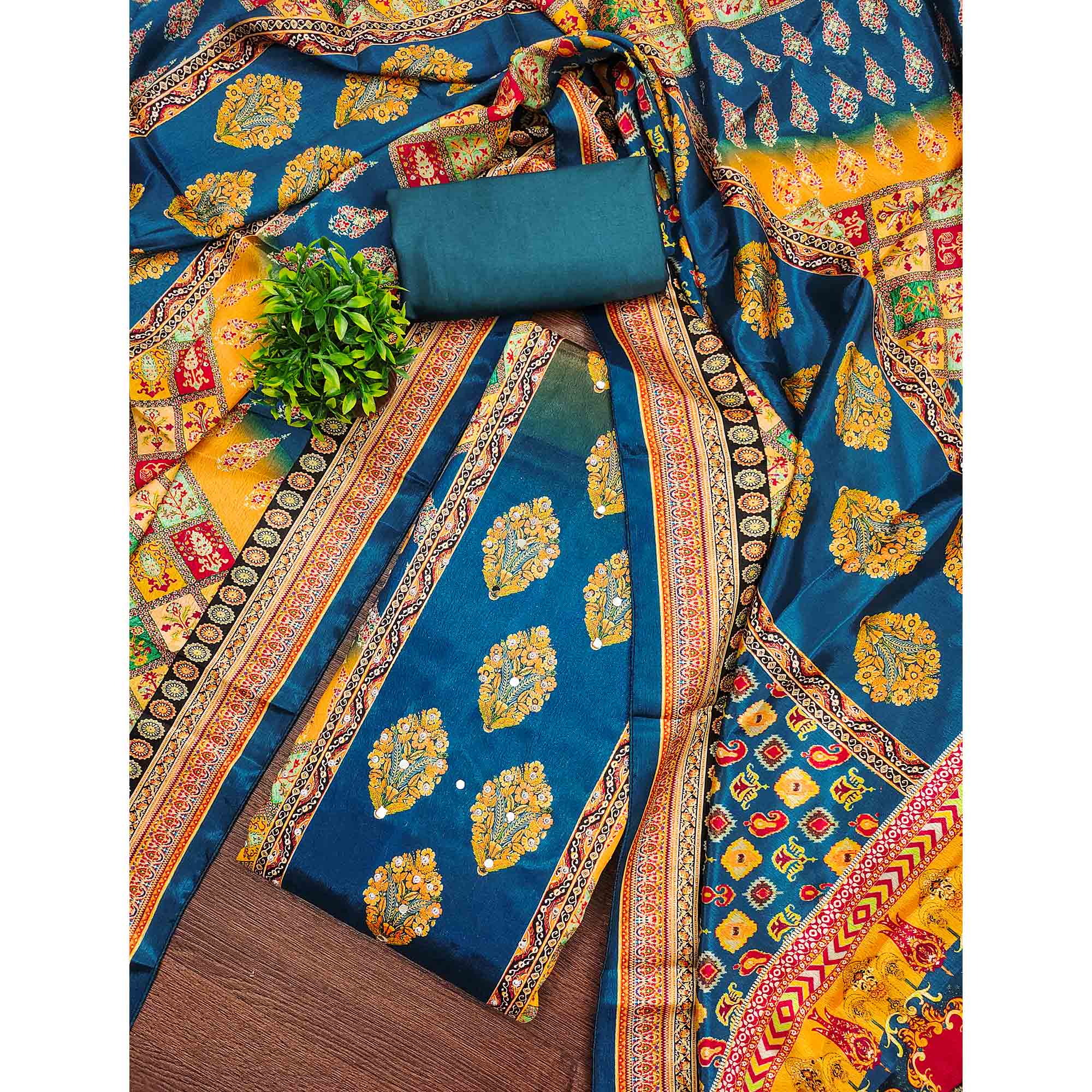 Blue Chinon Dress Material With Reflective Mirror Work & Floral Prints