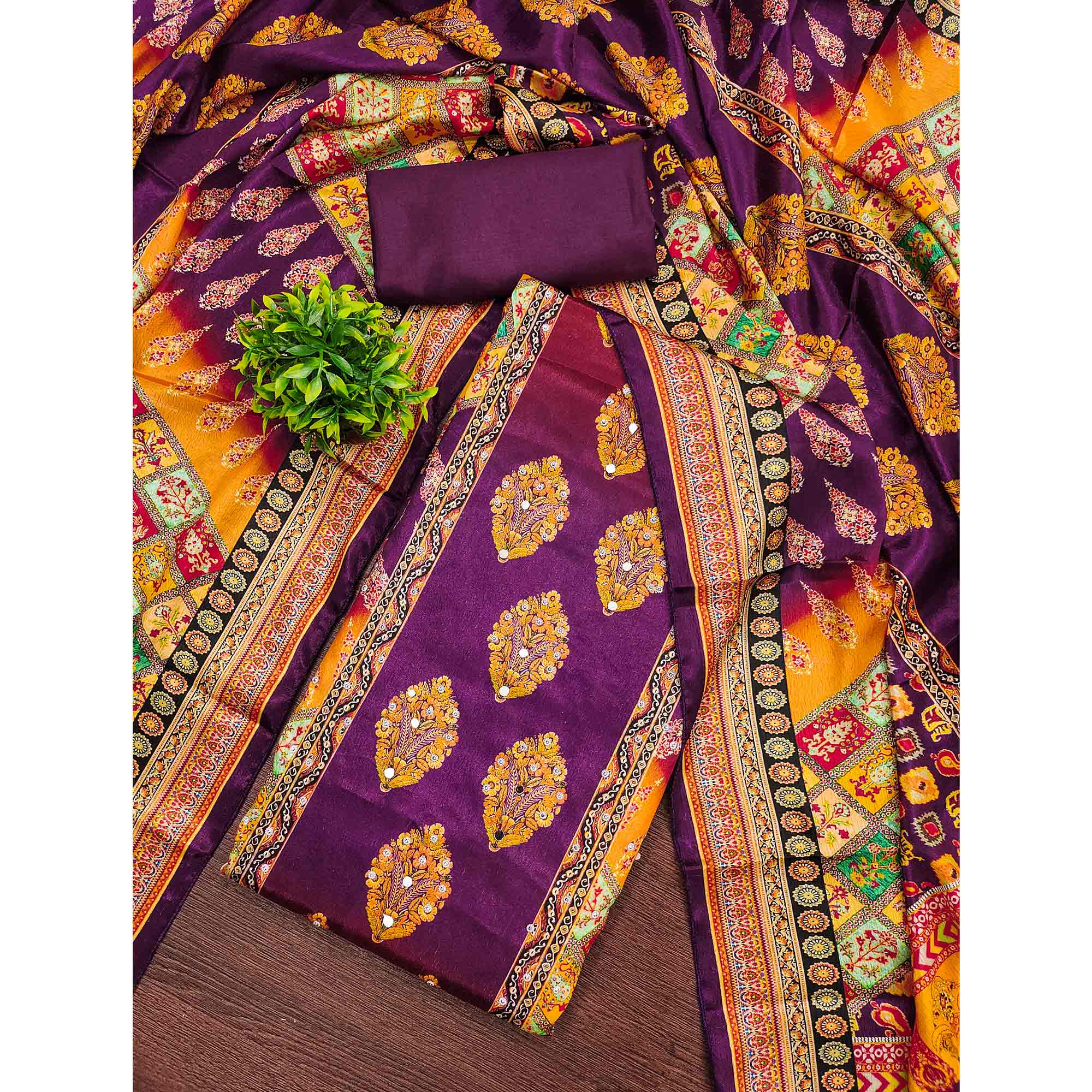 Purple Chinon Dress Material With Reflective Mirror Work & Floral Prints