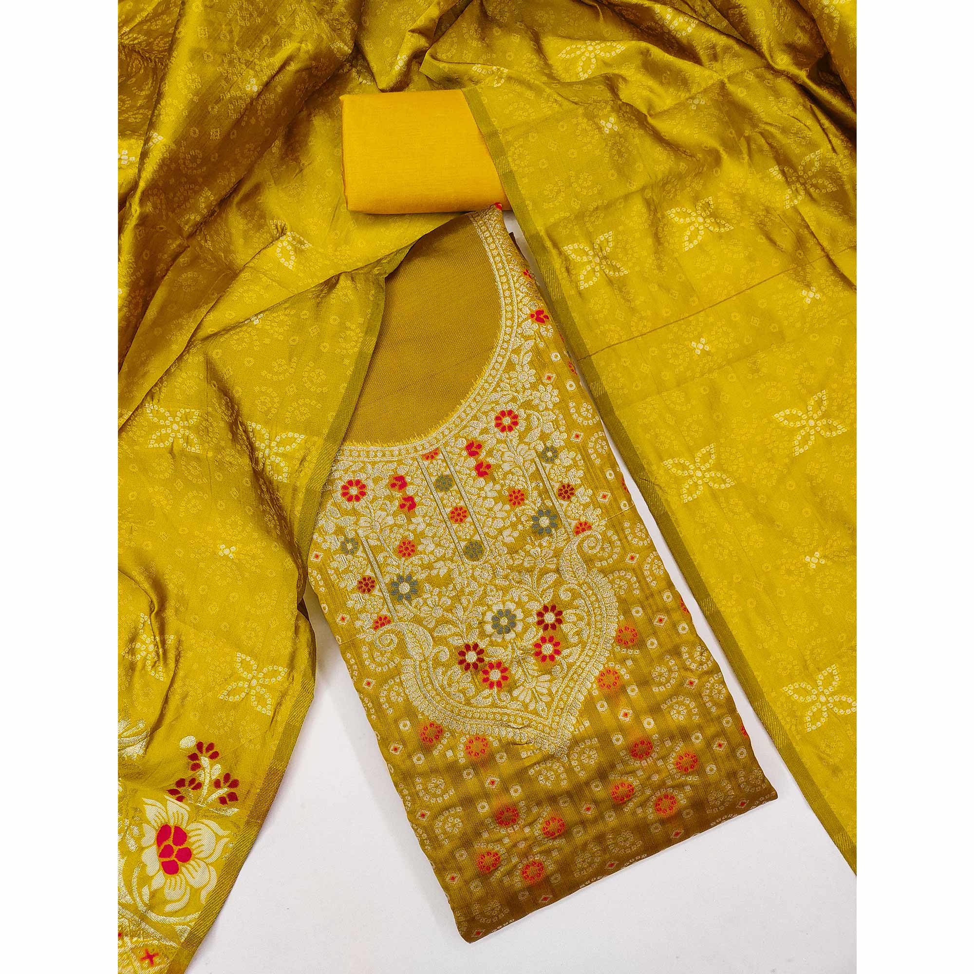Mustard Banarasi Silk Jacquard Dress Material Adorned With Intricate Floral Zari Weaving